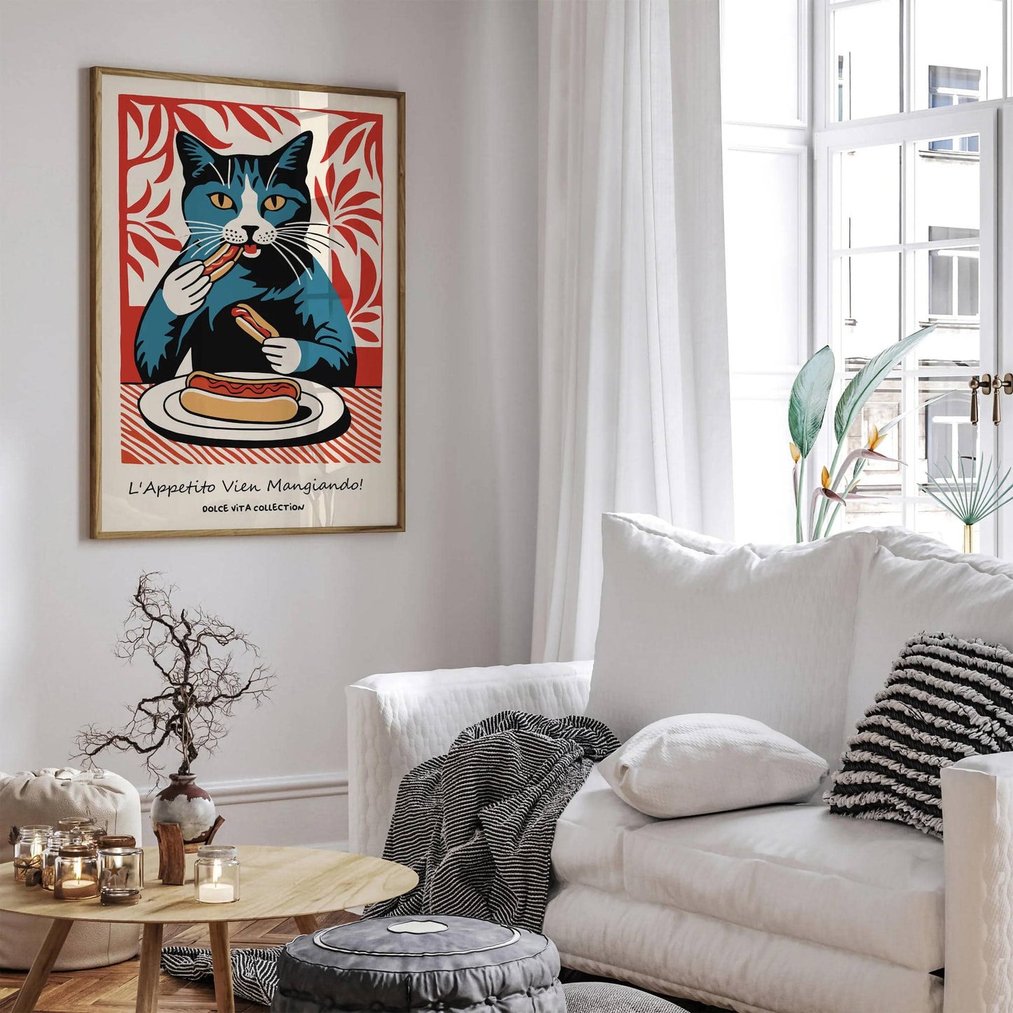 Funny Cat Eating Hot Dog Italian Art Print - HypeSheriff