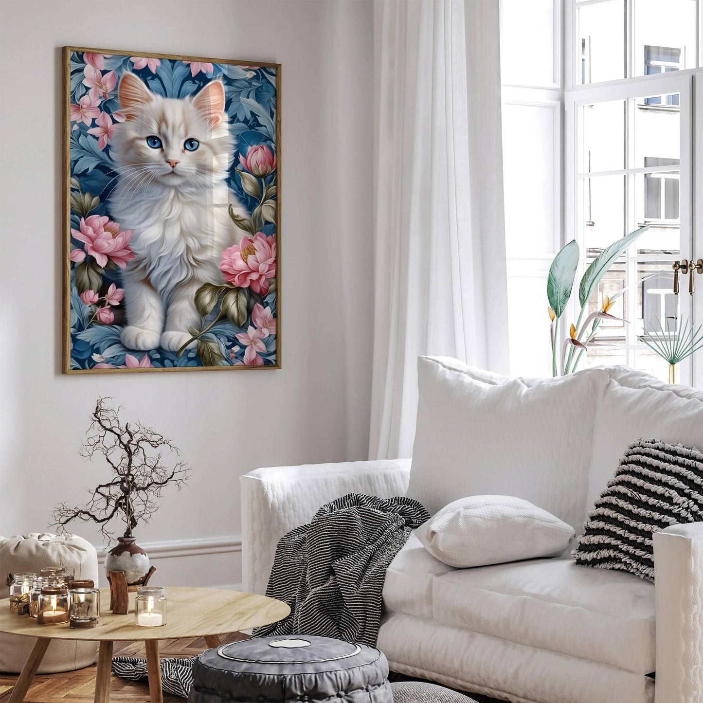 Cute White Cat in Blue Flowers Poster - HypeSheriff