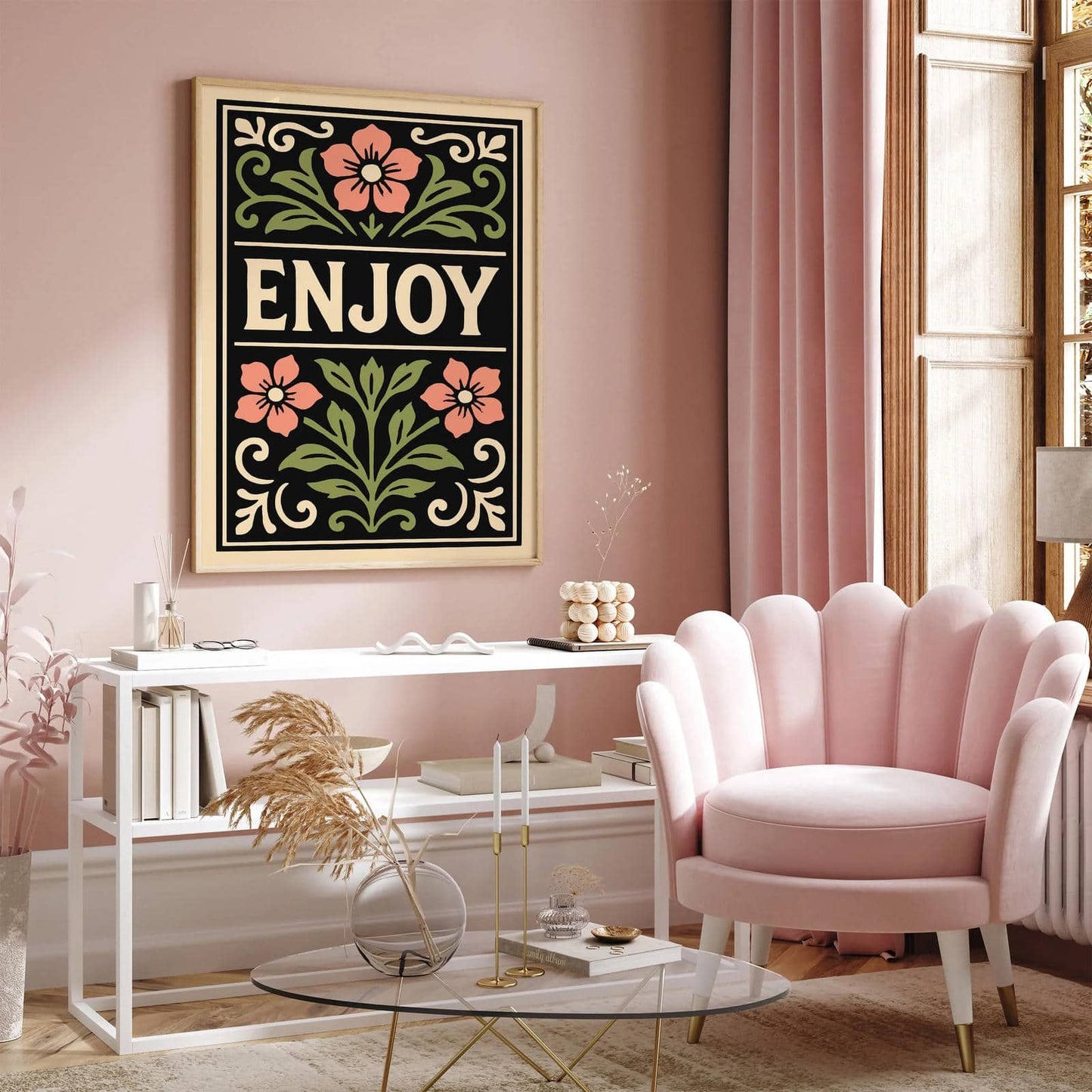 Enjoy Quote Poster, Black Rococo Floral Art Print