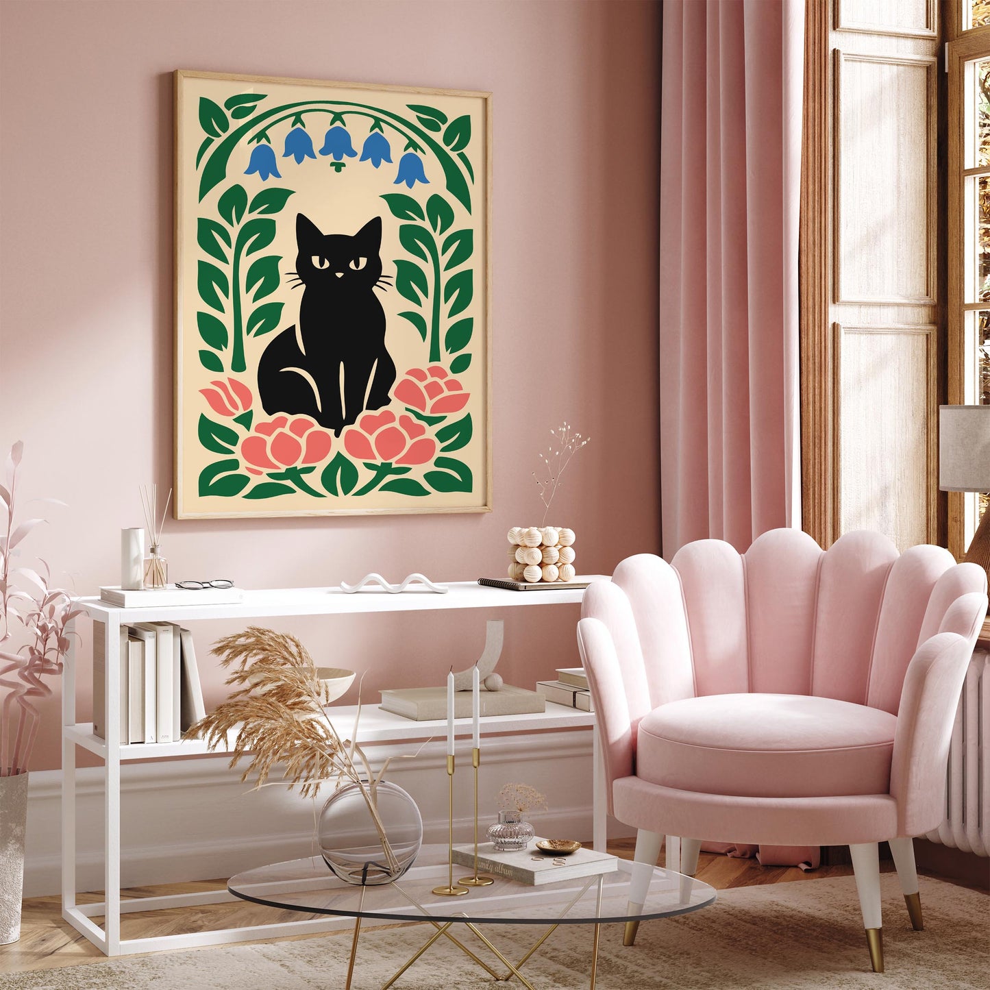 Black Cat Floral Poster