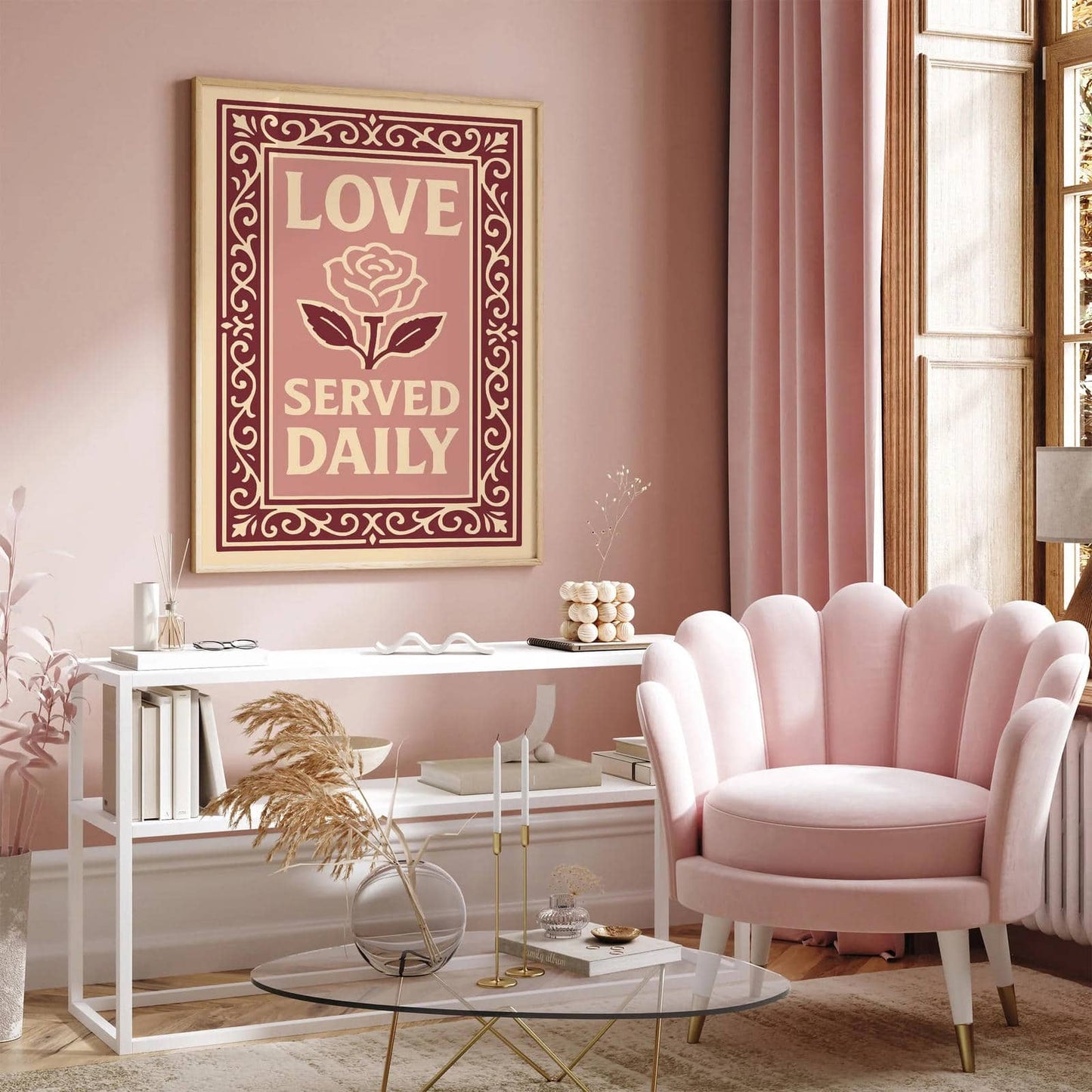 Love Served Daily Poster, Pink Quote Kitchen Print