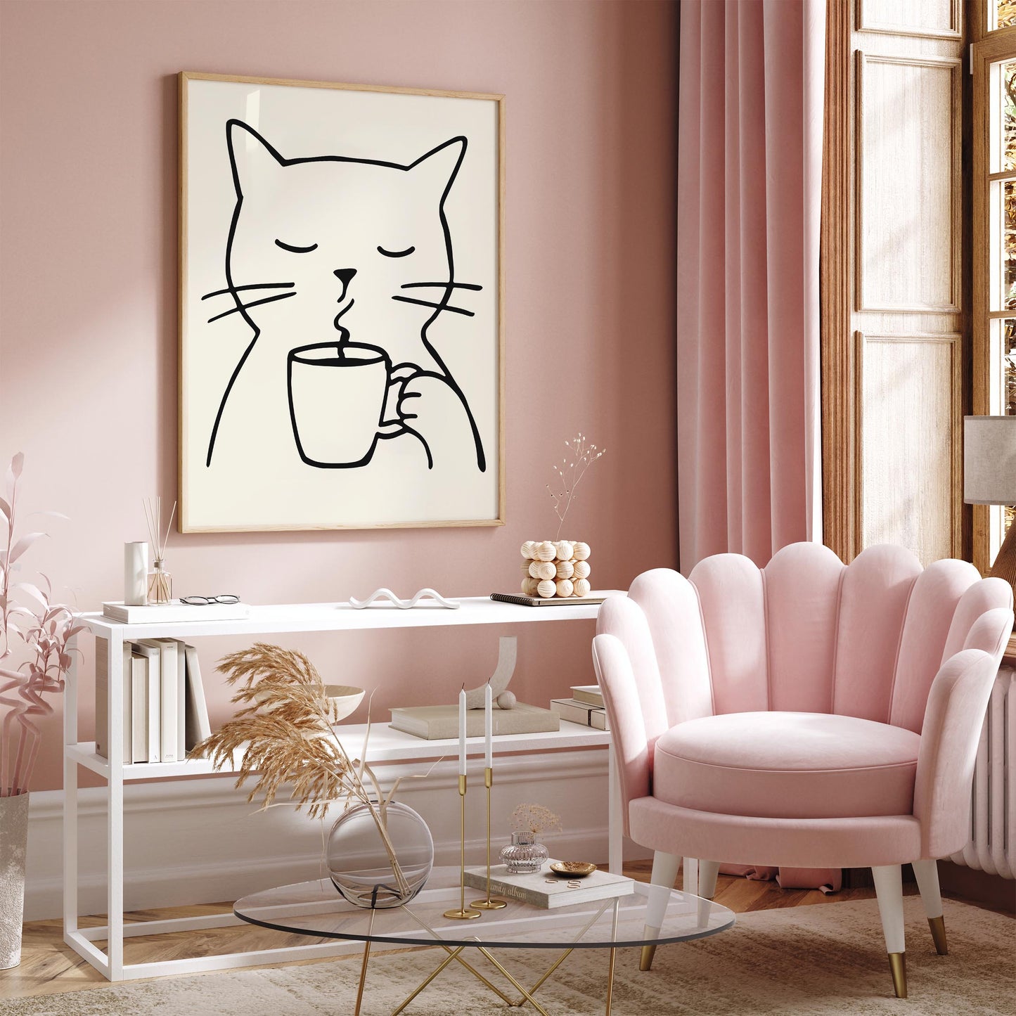 Line Art Cat with a Cup of Coffee Poster