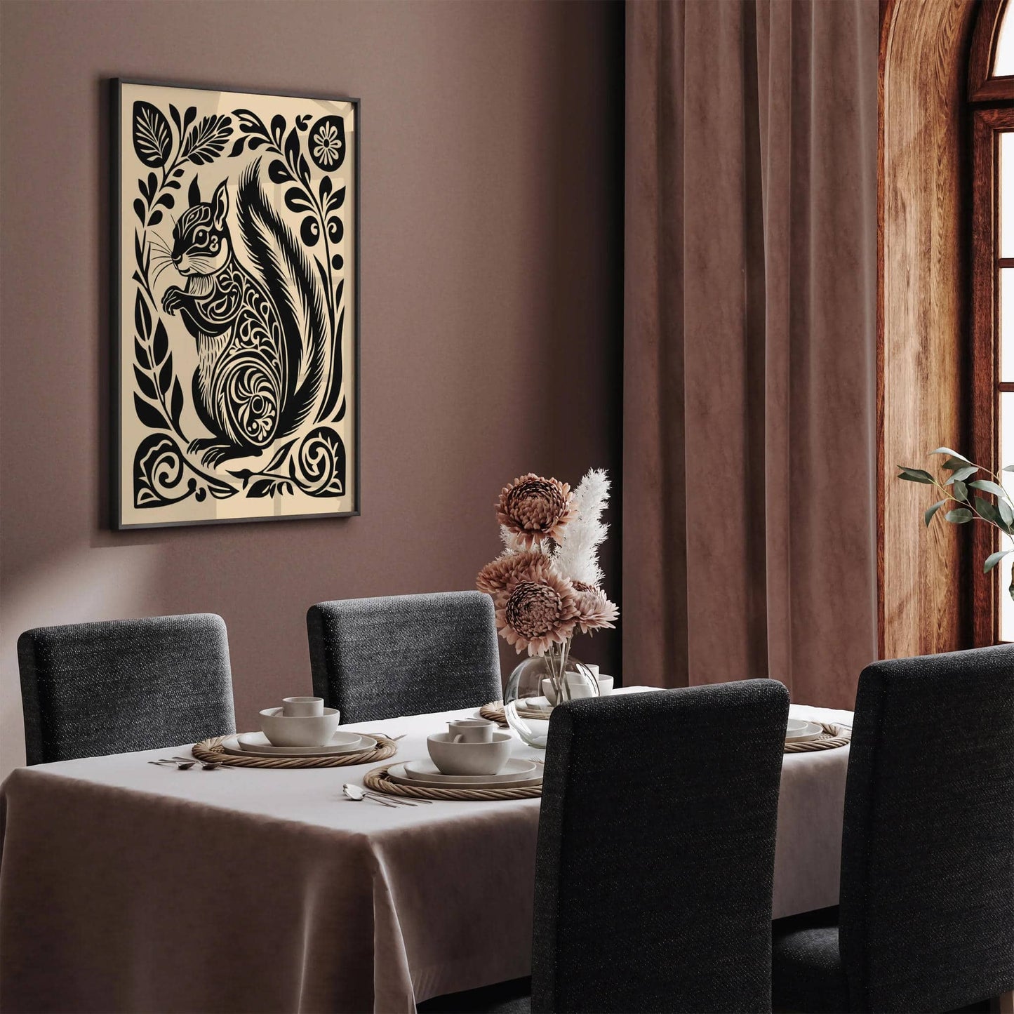 Woodcut Black Squirrel Poster - Rustic Woodland Print