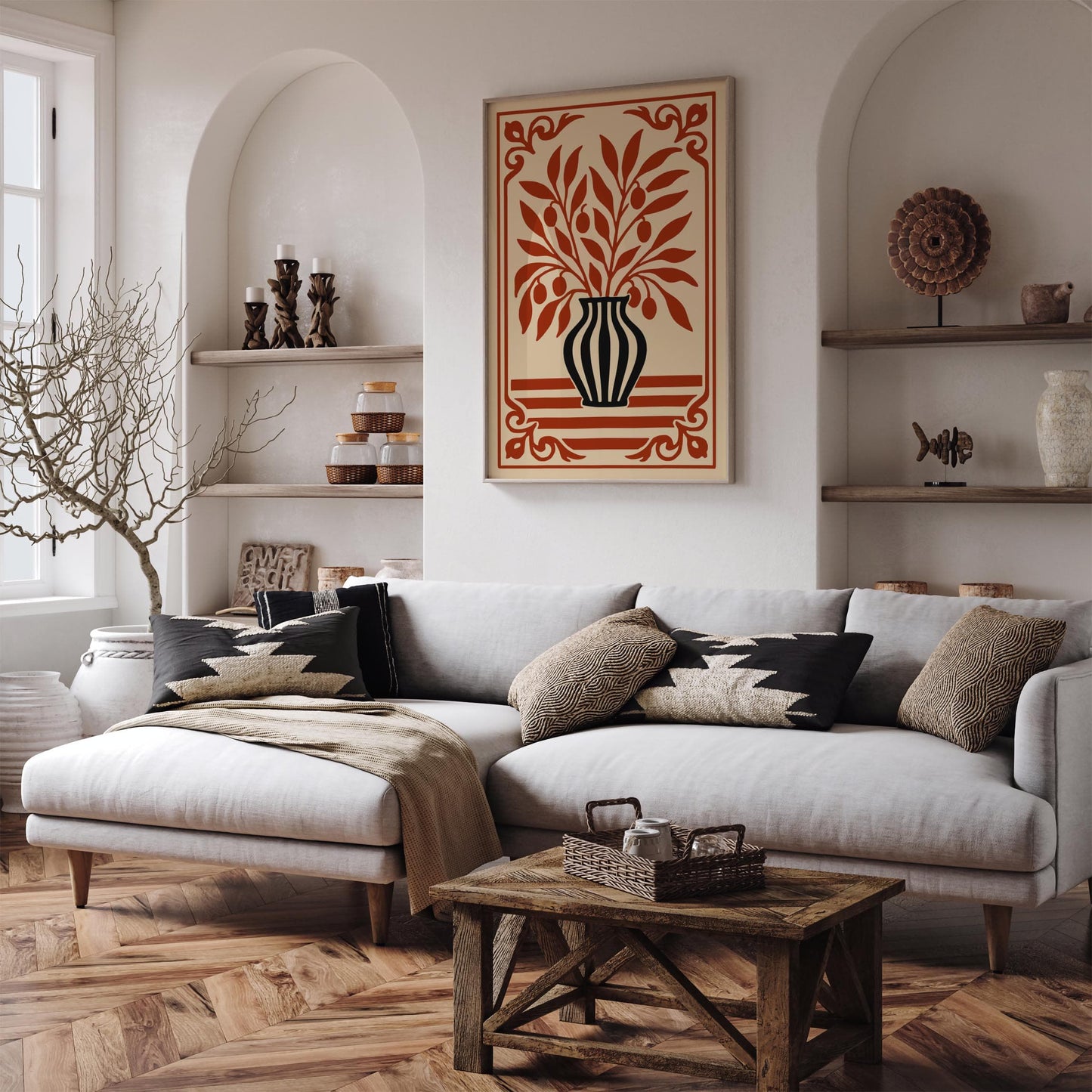 Abstract Botanical Print - Rococo Red Black Art