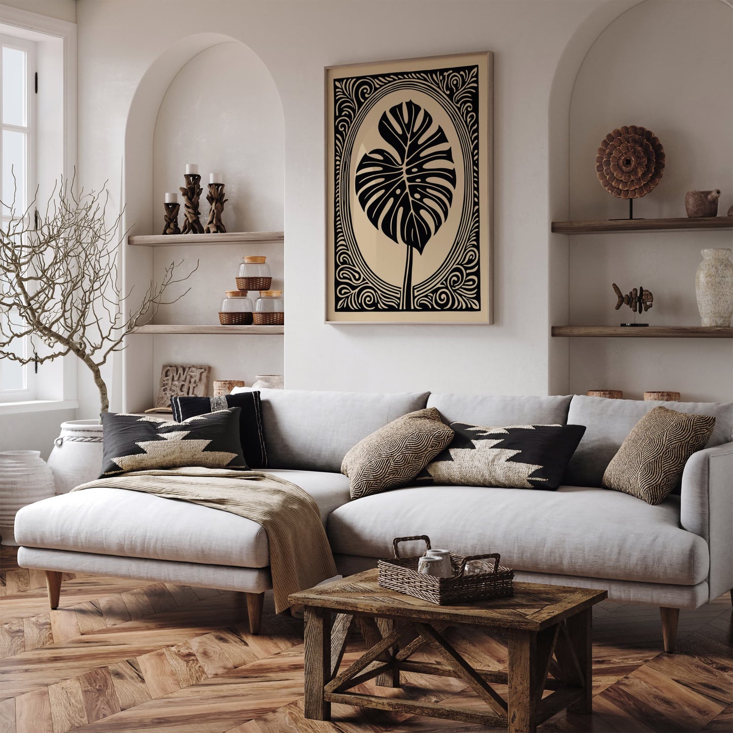 Black Victorian Style Monstera Leaf Wall Art Print