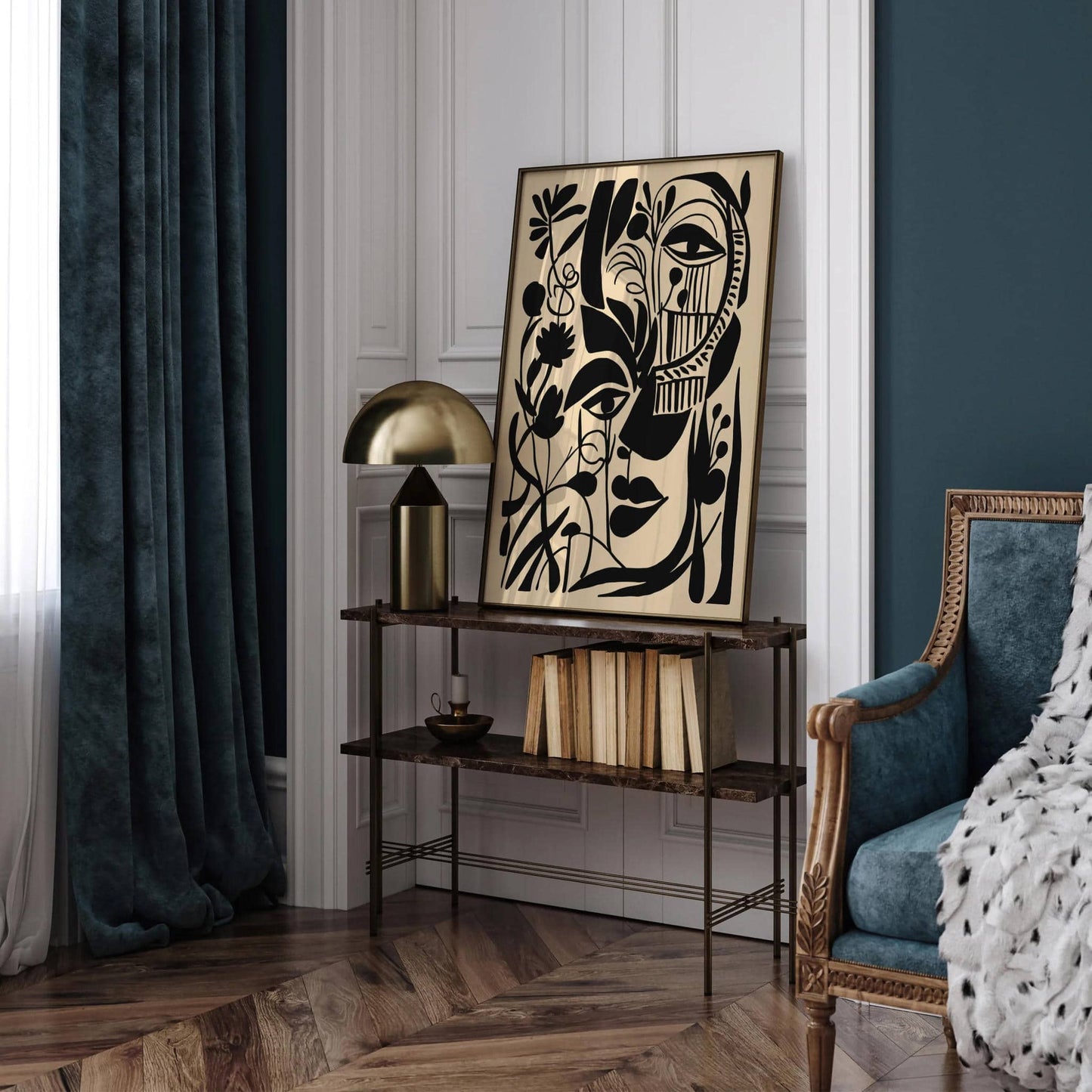 Floral Abstract Faces Wall Art – Black Ink Print
