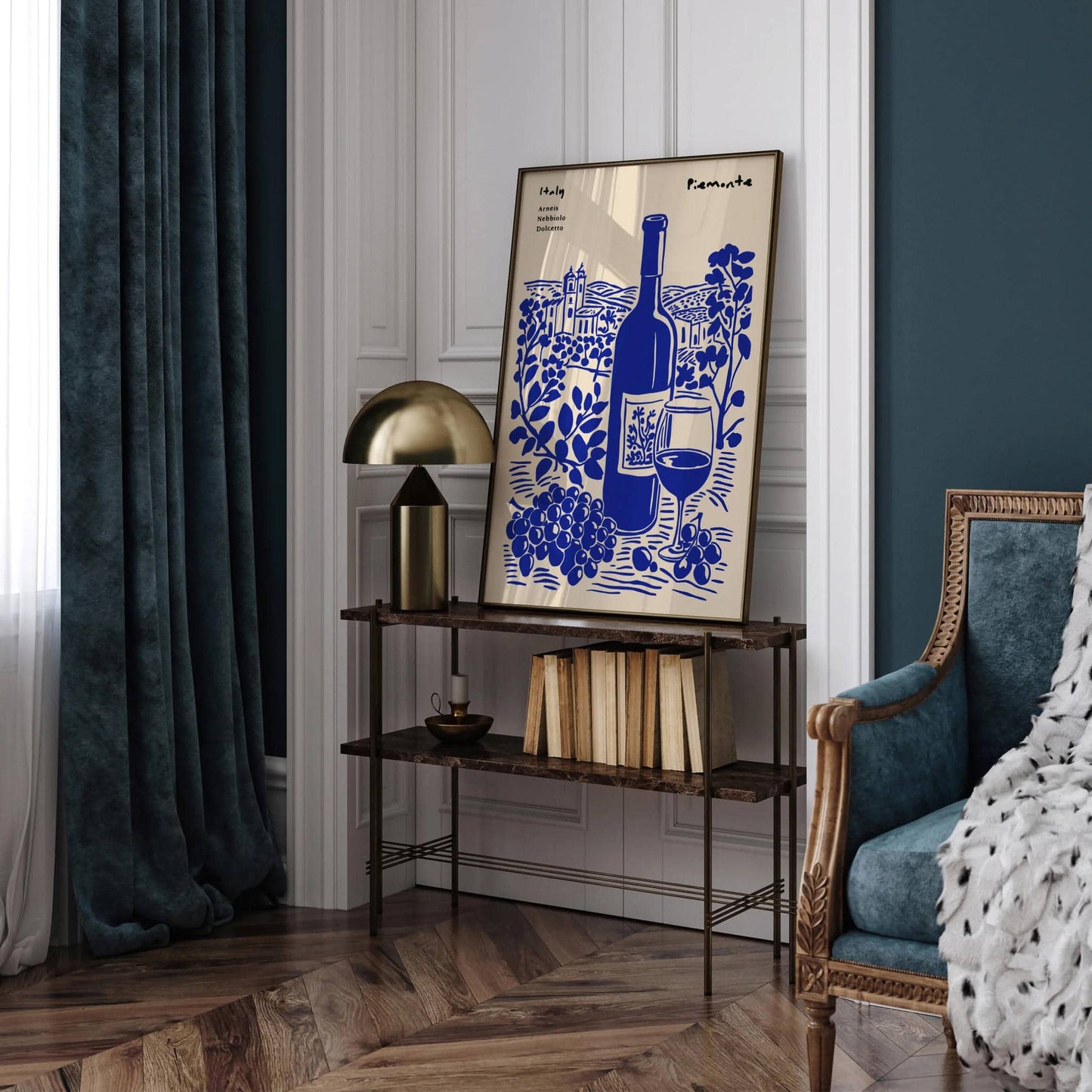 Italy Piemonte Wine Travel Poster – Blue Vintage Wall Art