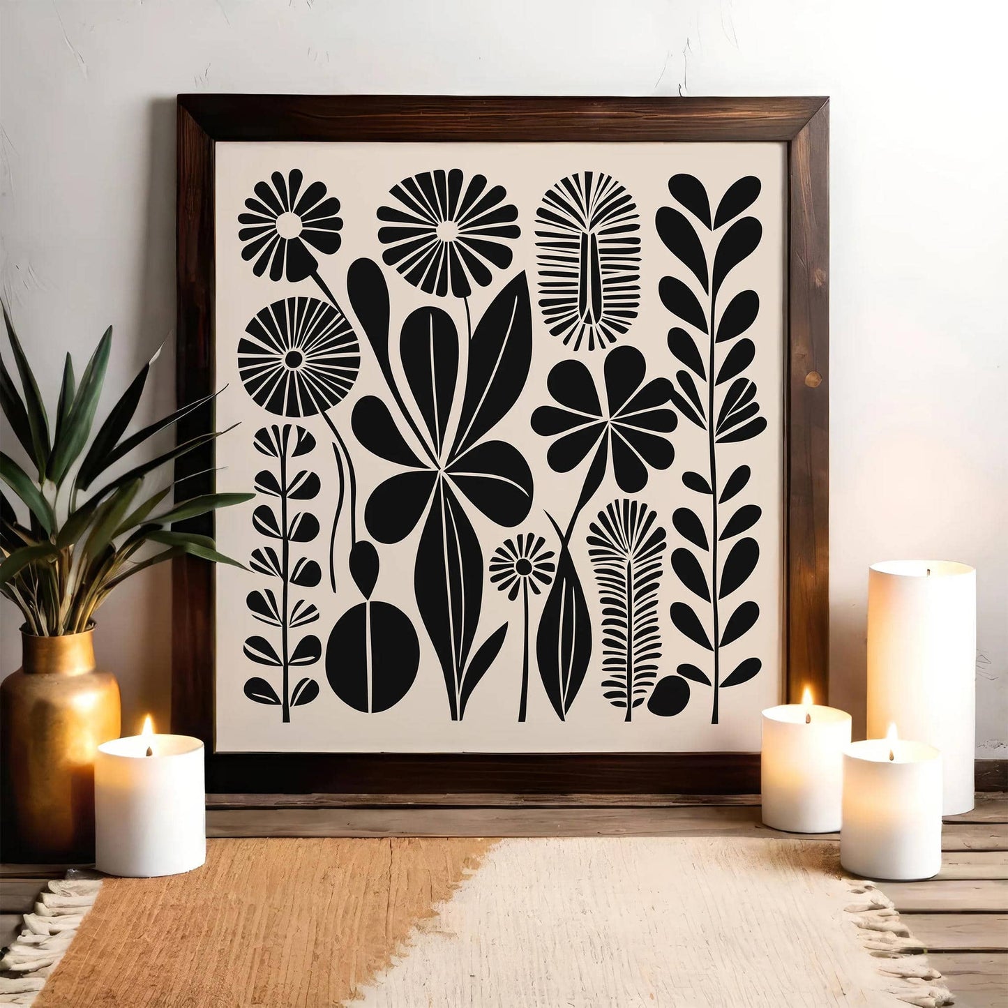 Black Abstract Flowers – Linocut Style Square Art Print