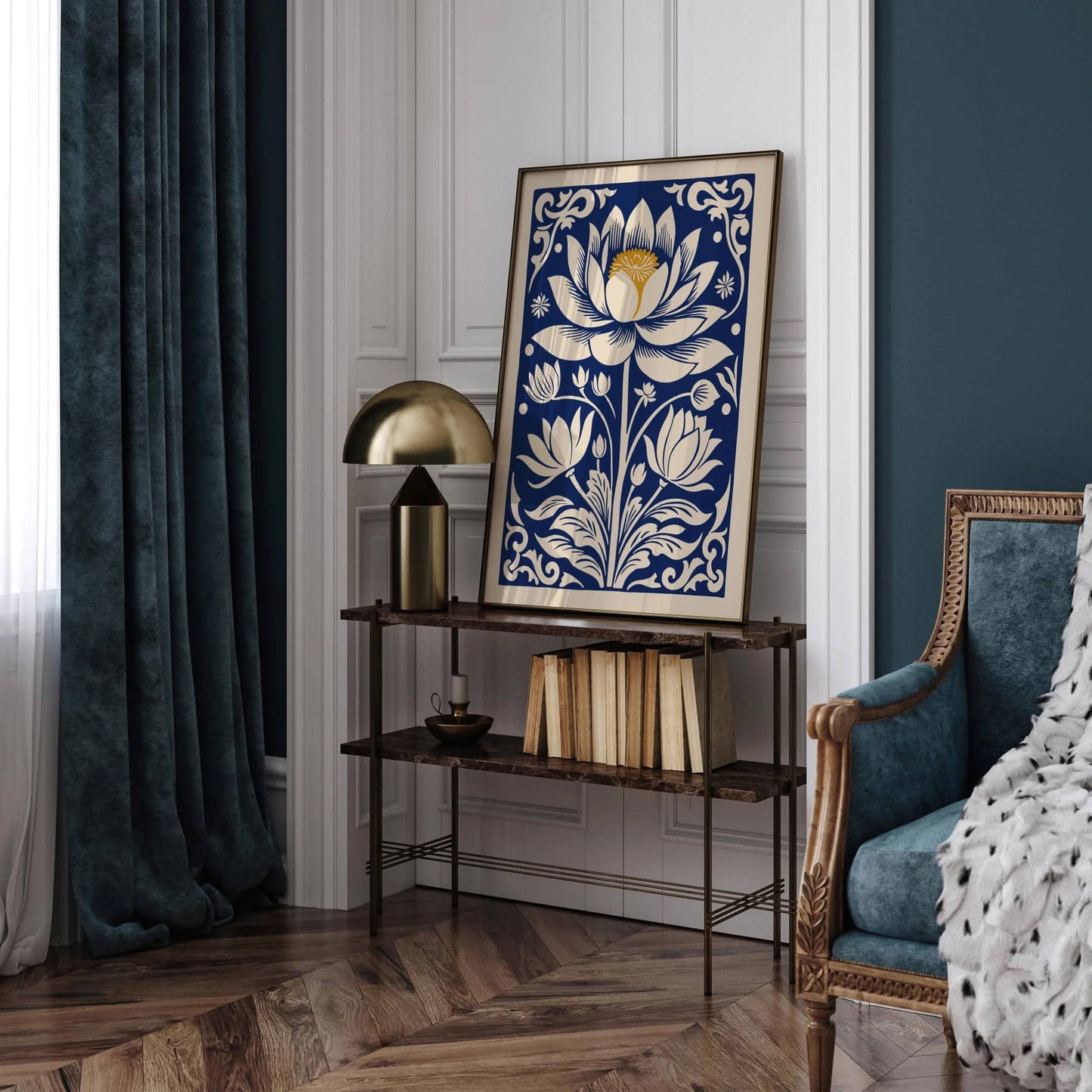 Navy Blue Flower Poster, Mystical Floral Wall Art