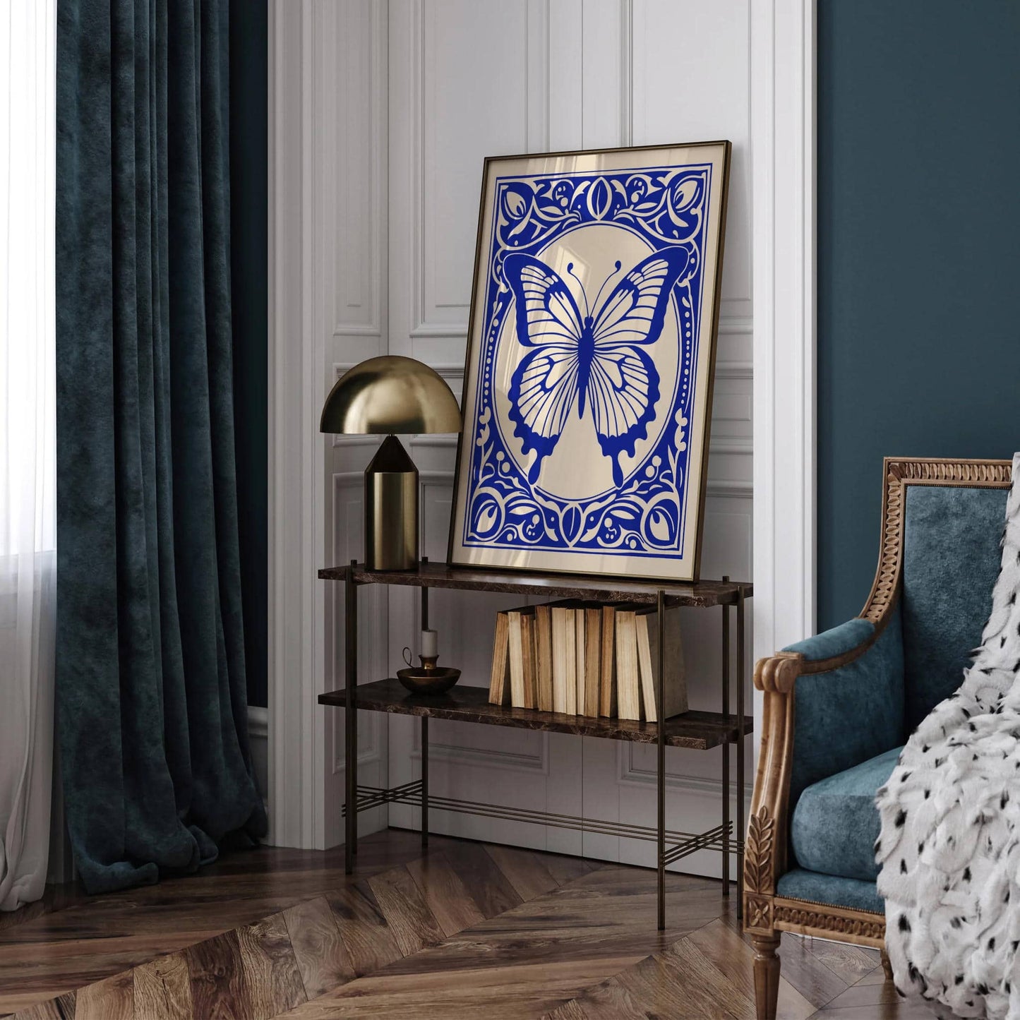 Blue Rococo Butterfly Elegant Art Print