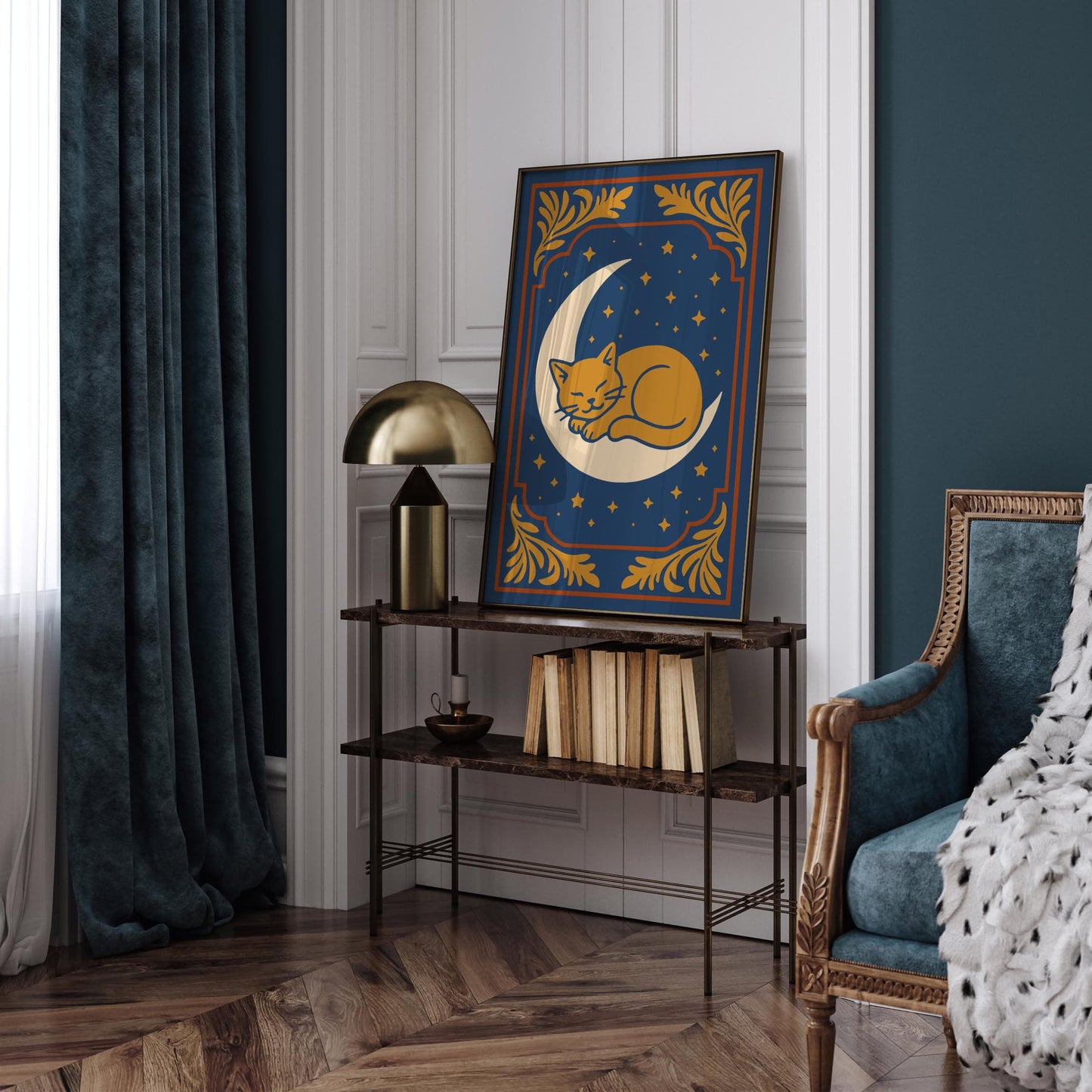 Sleeping Cat on the Moon Poster - Bedroom Wall Decor