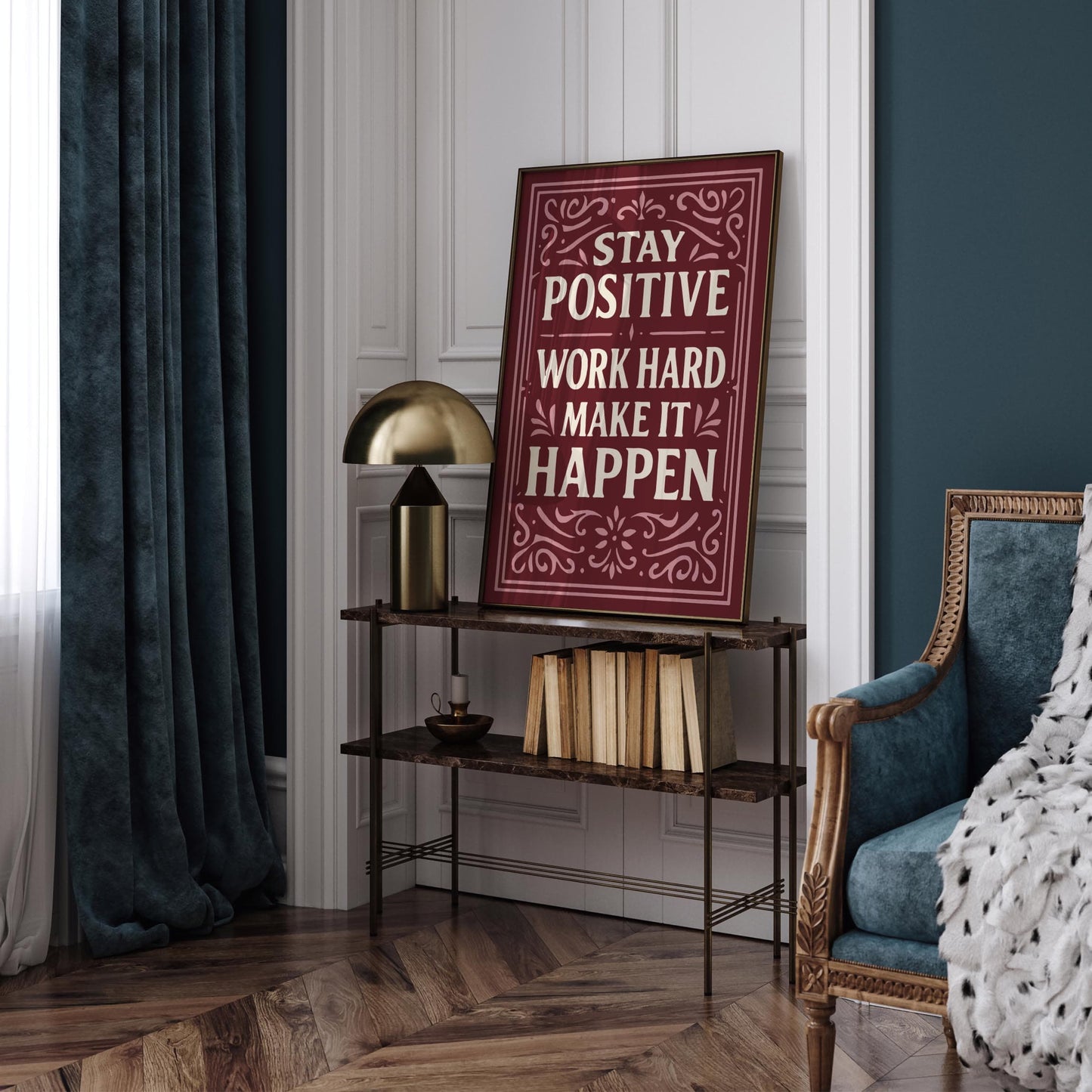 Burgundy Inspirational Print - Work Hard Quote Decor