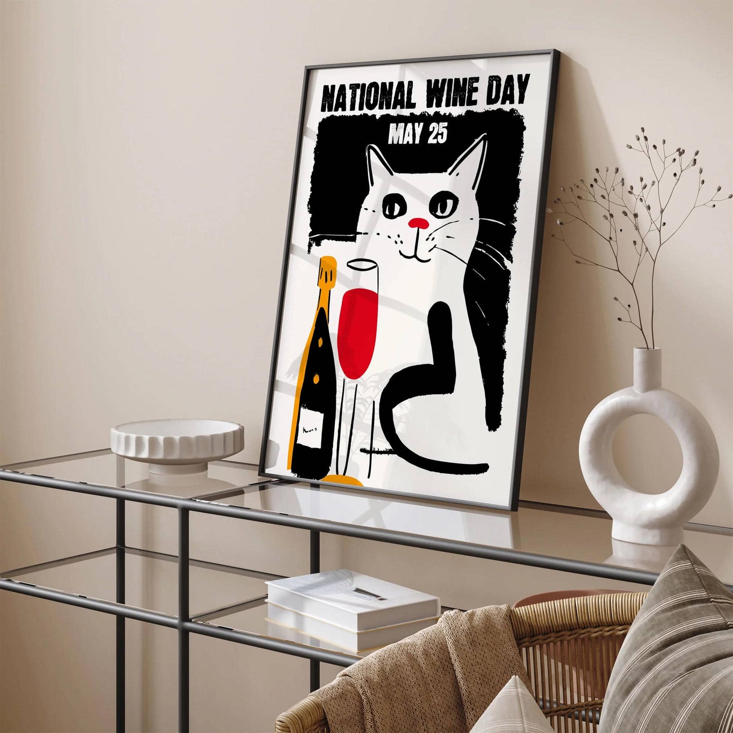 National Wine Day Quirky Cat Poster - HypeSheriff