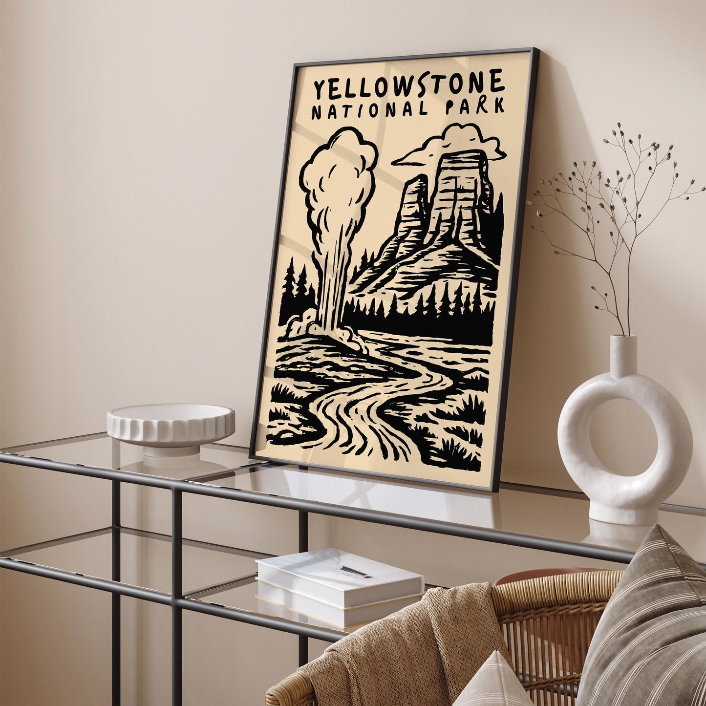 Yellowstone National Park Poster - Black Ink Wall Art