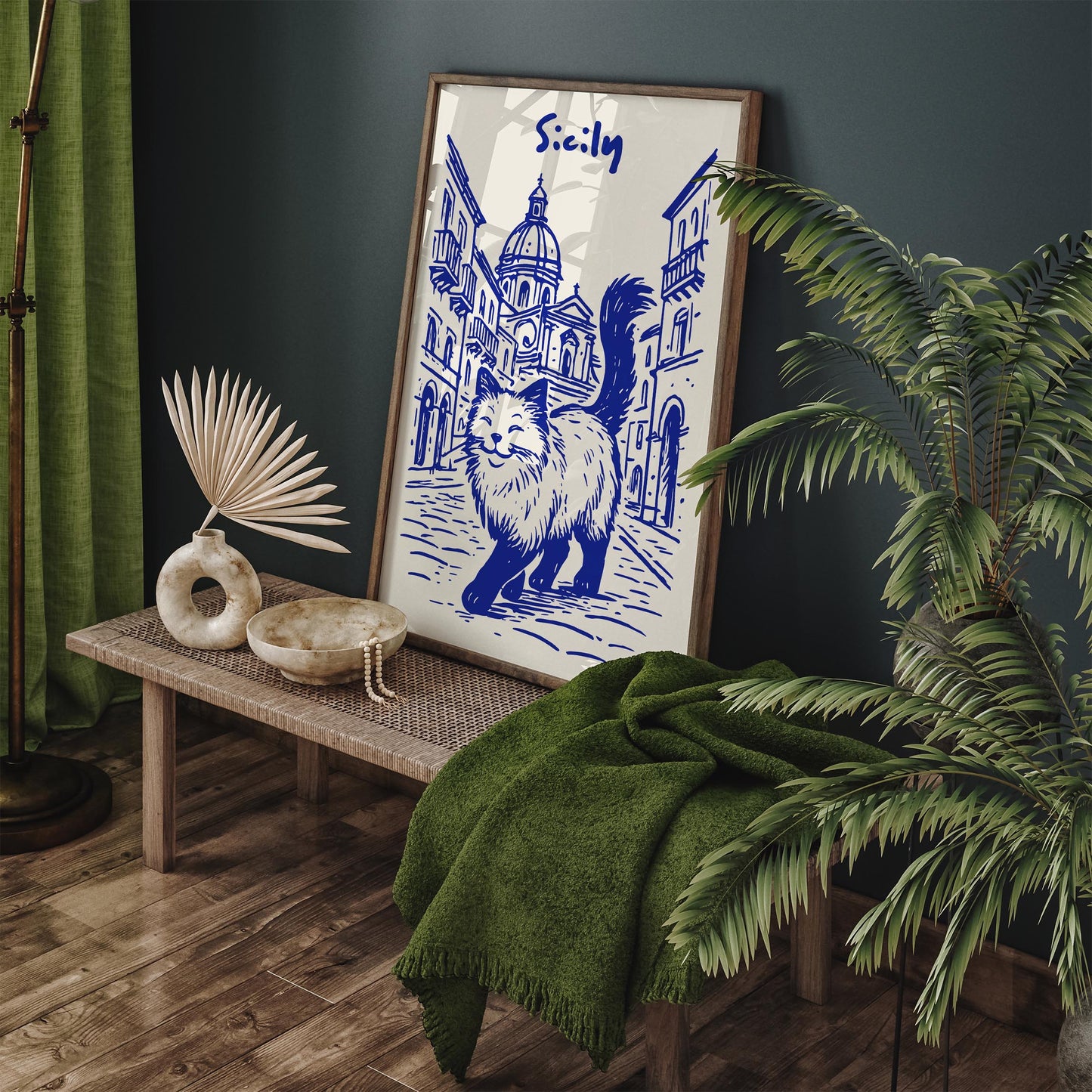 Sicily Blue Poster - Funny Cat Walking in Italy
