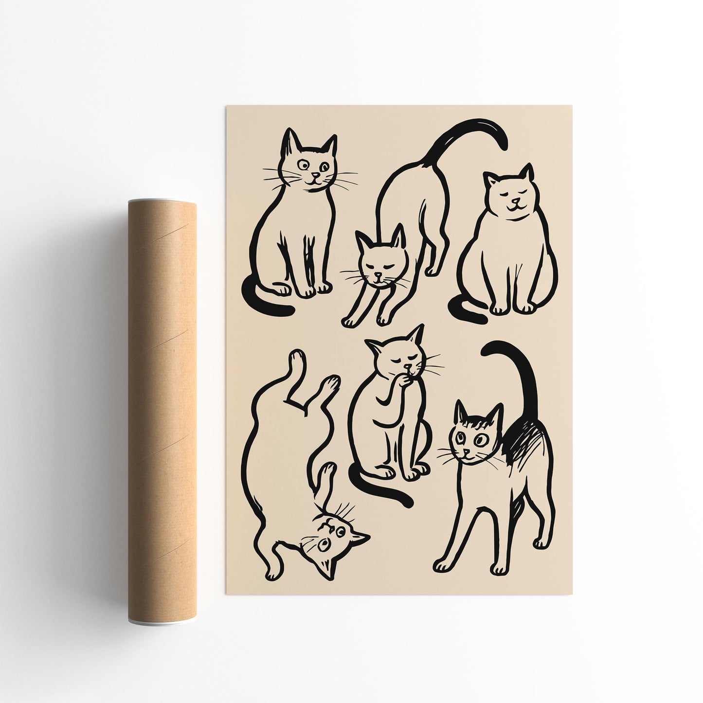 Six Funny Cats Poster - Black Ink Sketch Wall Art Print