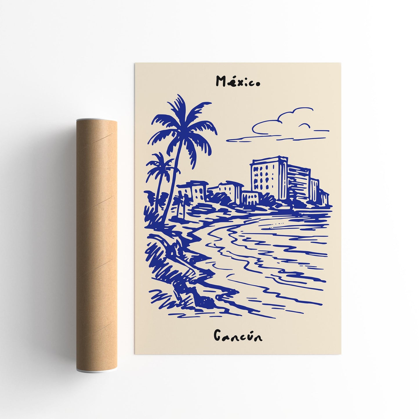 Mexico Cancun Print - Blue Cityscape Sketch Art