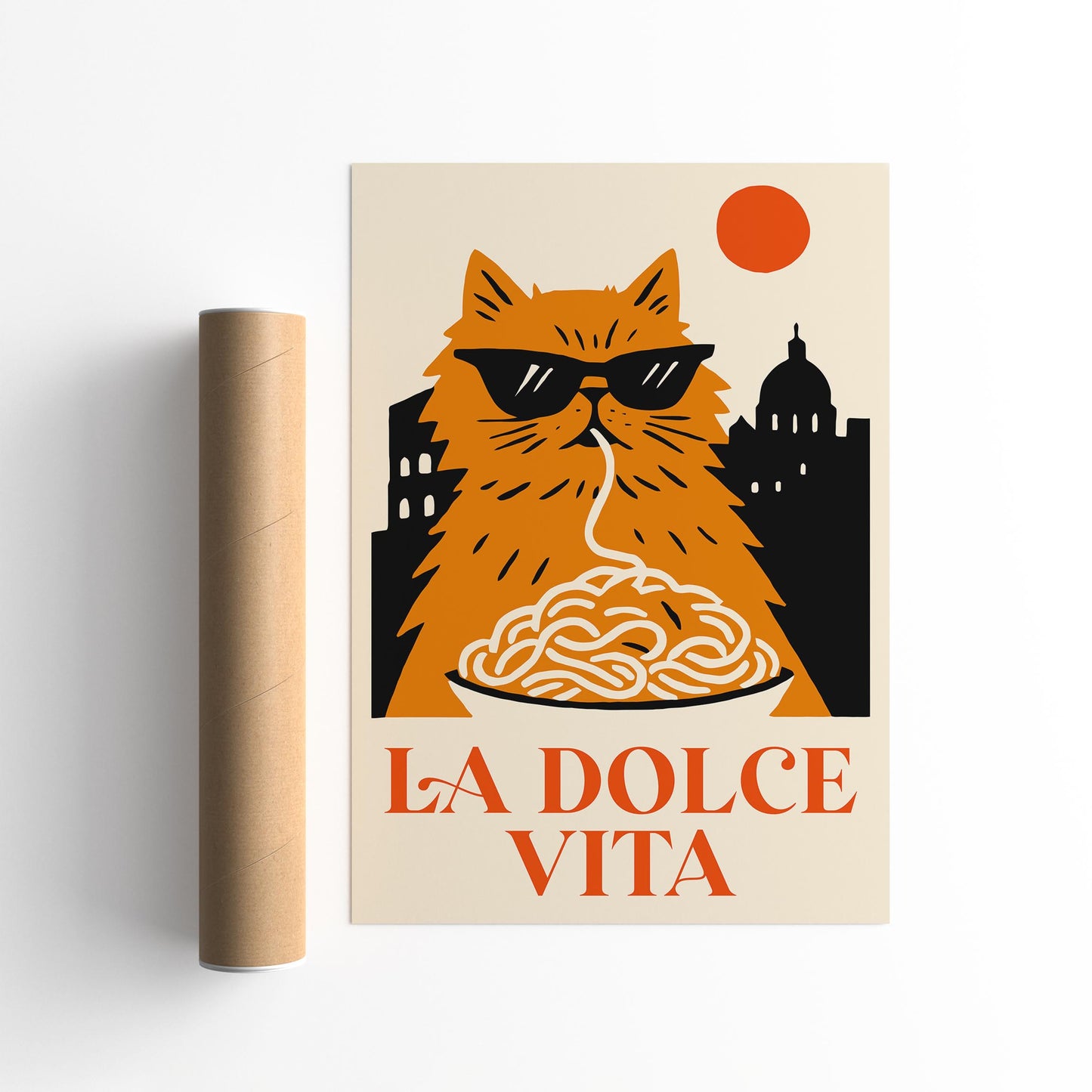 La Dolce Vita Poster - Funny Cat Eating Spaghetti Wall Art Print