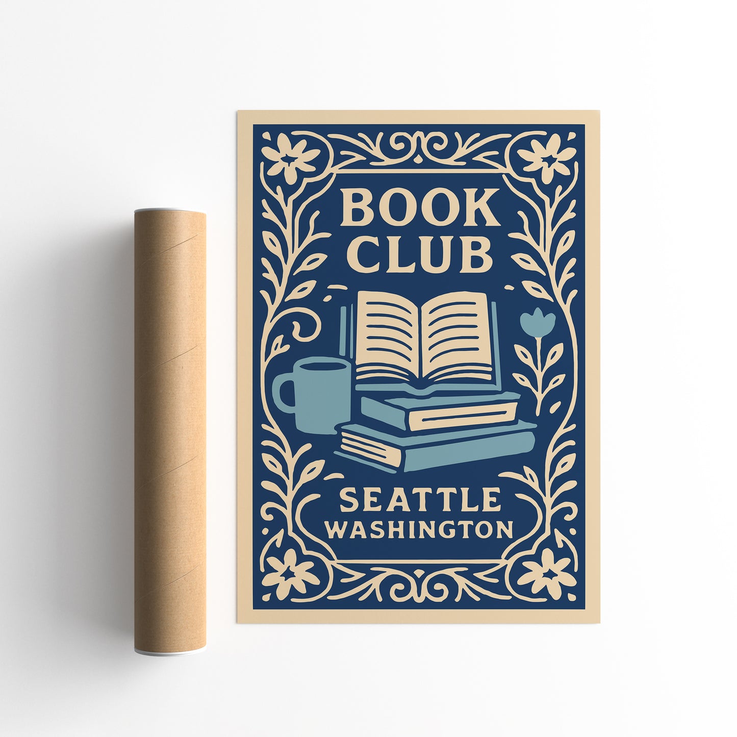 Book Club Seattle Washington Poster - Blue Literary Wall Art Print