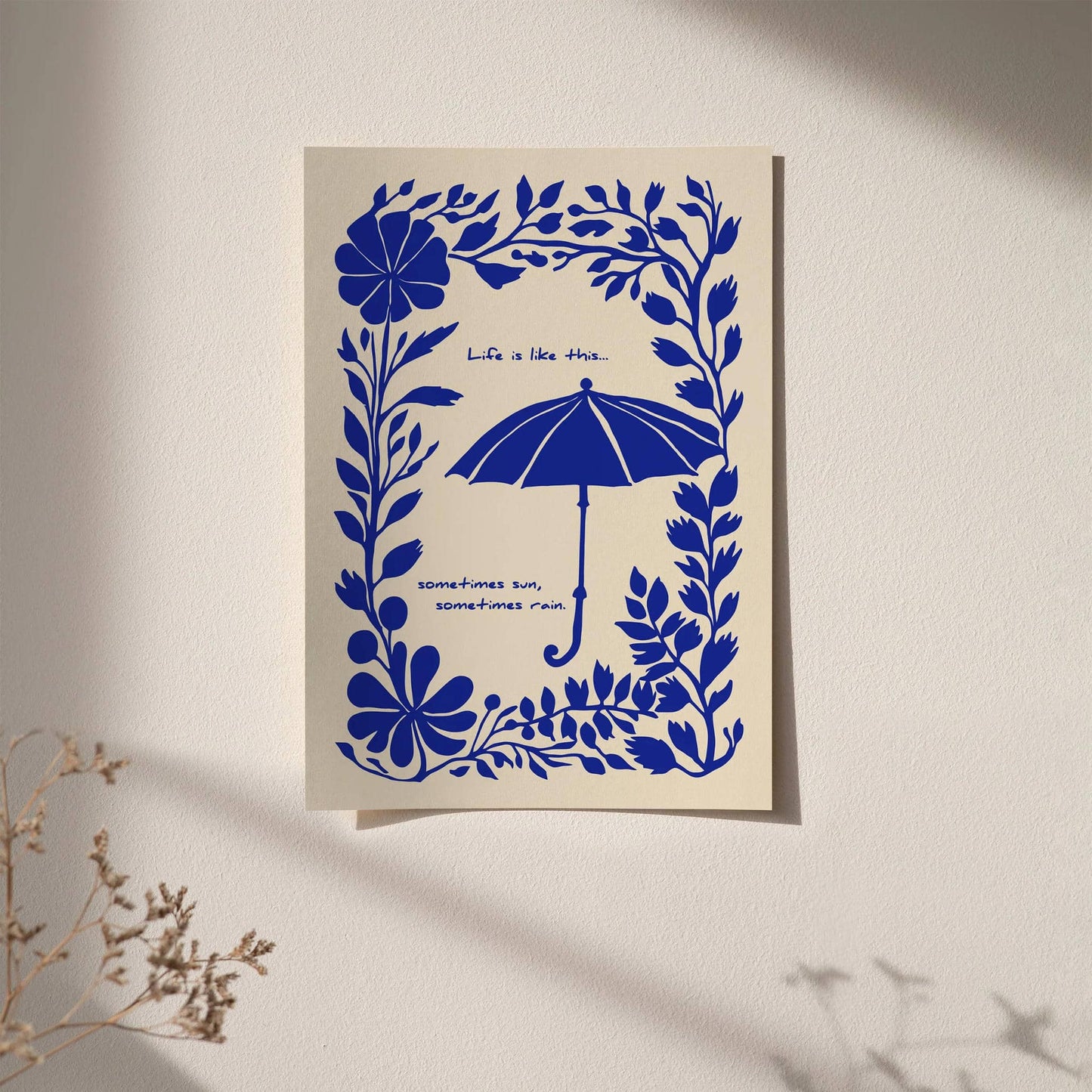 Sometimes Sun Sometimes Rain – Blue Floral Quote Poster