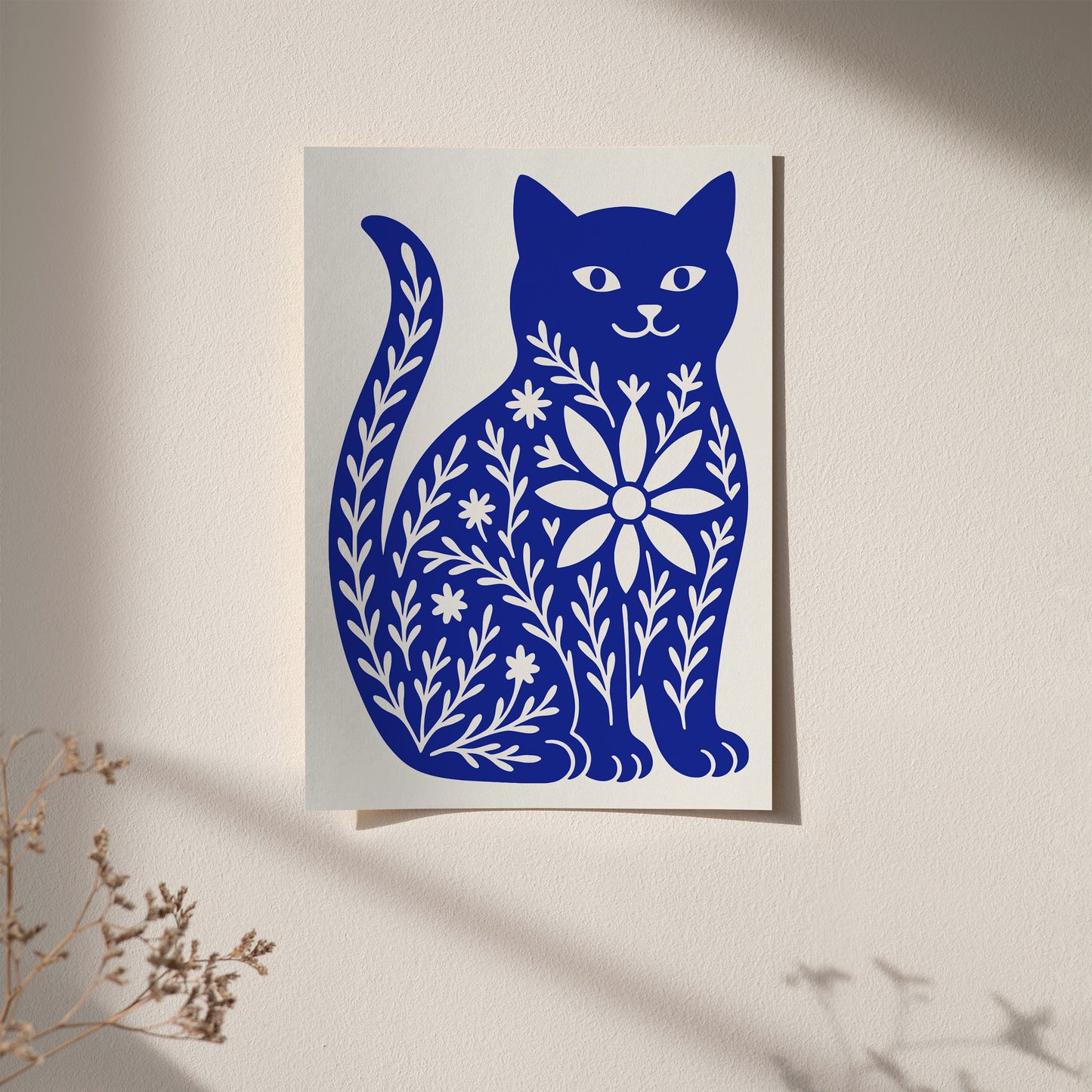 Cute Blue Cat with Floral Pattern Poster