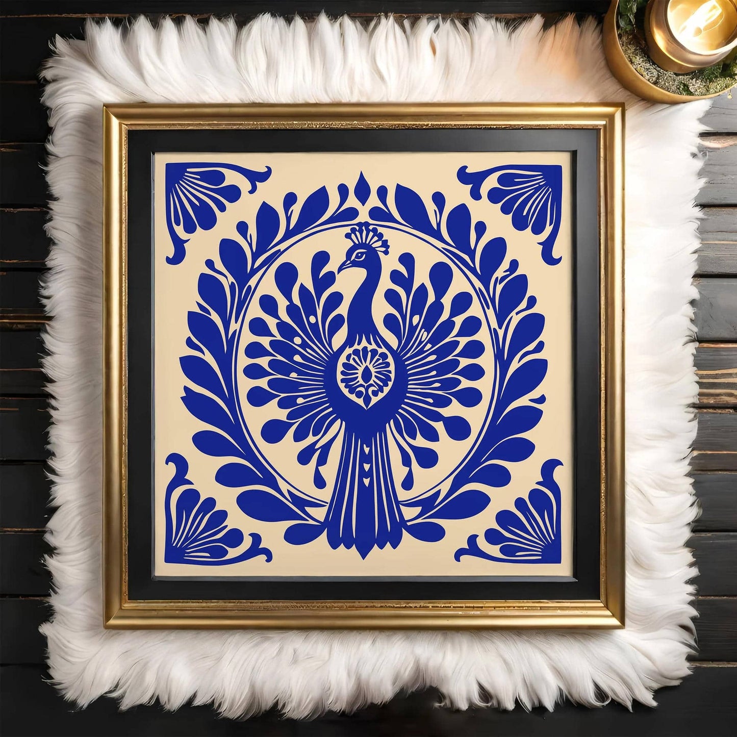 Blue Art Nouveau Peacock Bird Square Print