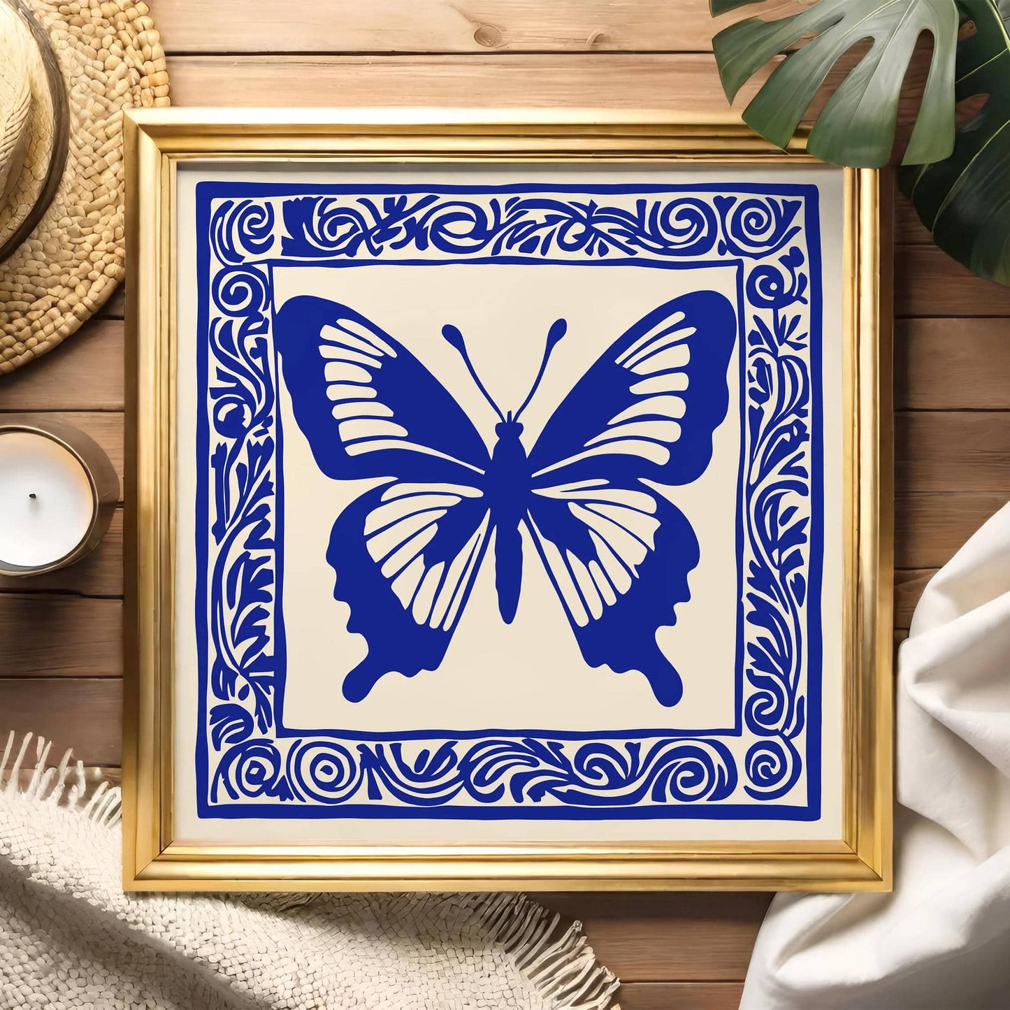 Blue Linocut Butterfly Art Print – Square Wall Decor