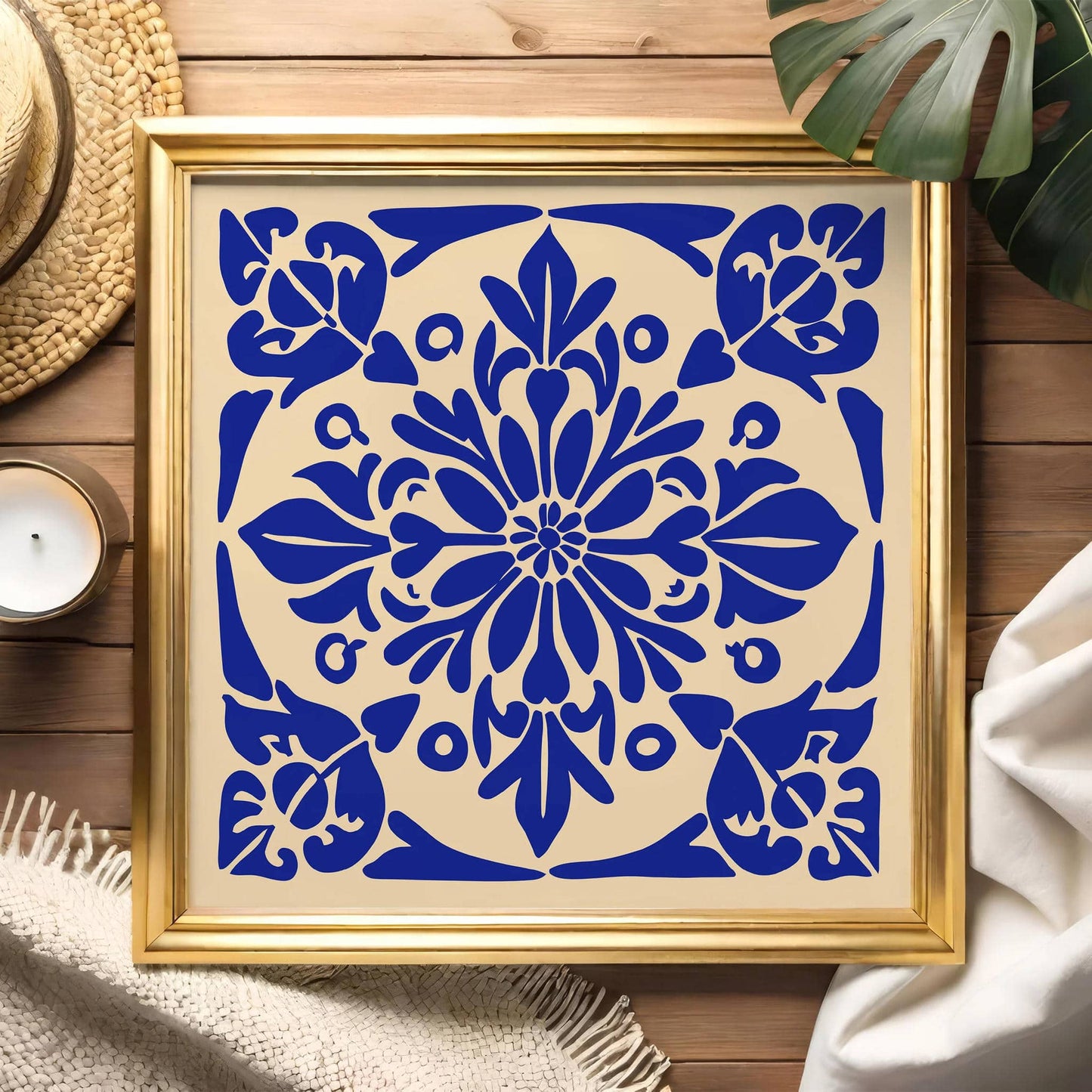 Blue Folk Floral Artistic Square Print - HypeSheriff