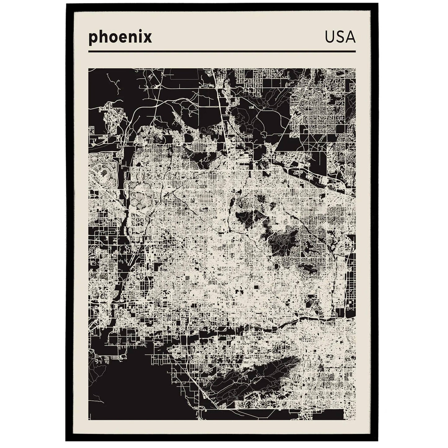 Phoenix USA - Black and White City Map Poster - HypeSheriff