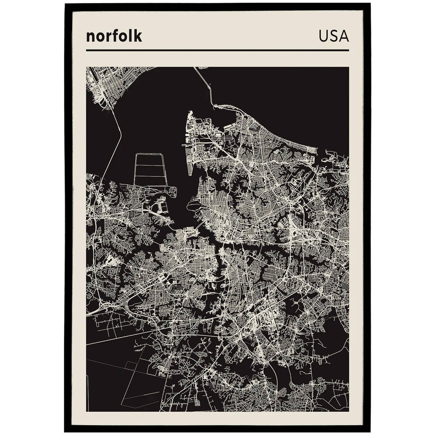 Norfolk USA - black and white map poster - HypeSheriff