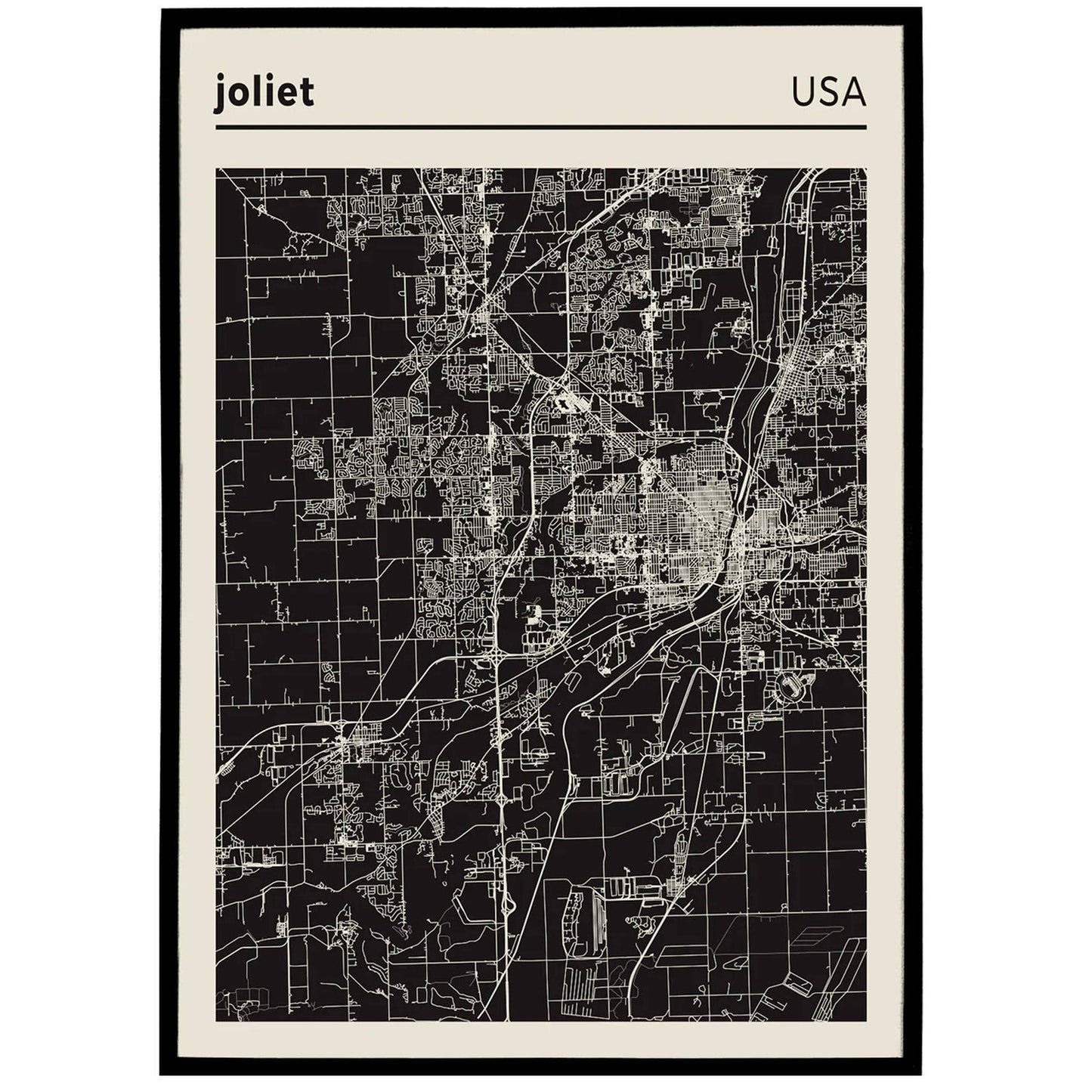 Joliet, USA black and white city map poster - HypeSheriff