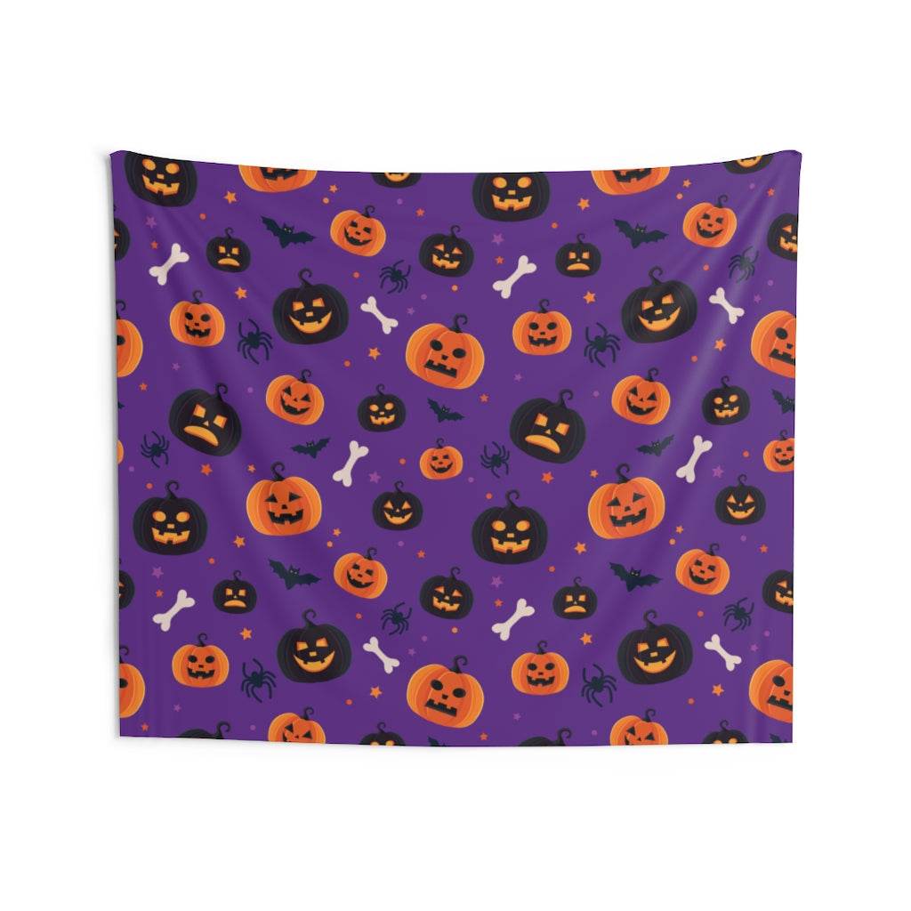 Wall Tapestry with pumpkins, spooky jack-o-lantern, spiders and bats - HypeSheriff