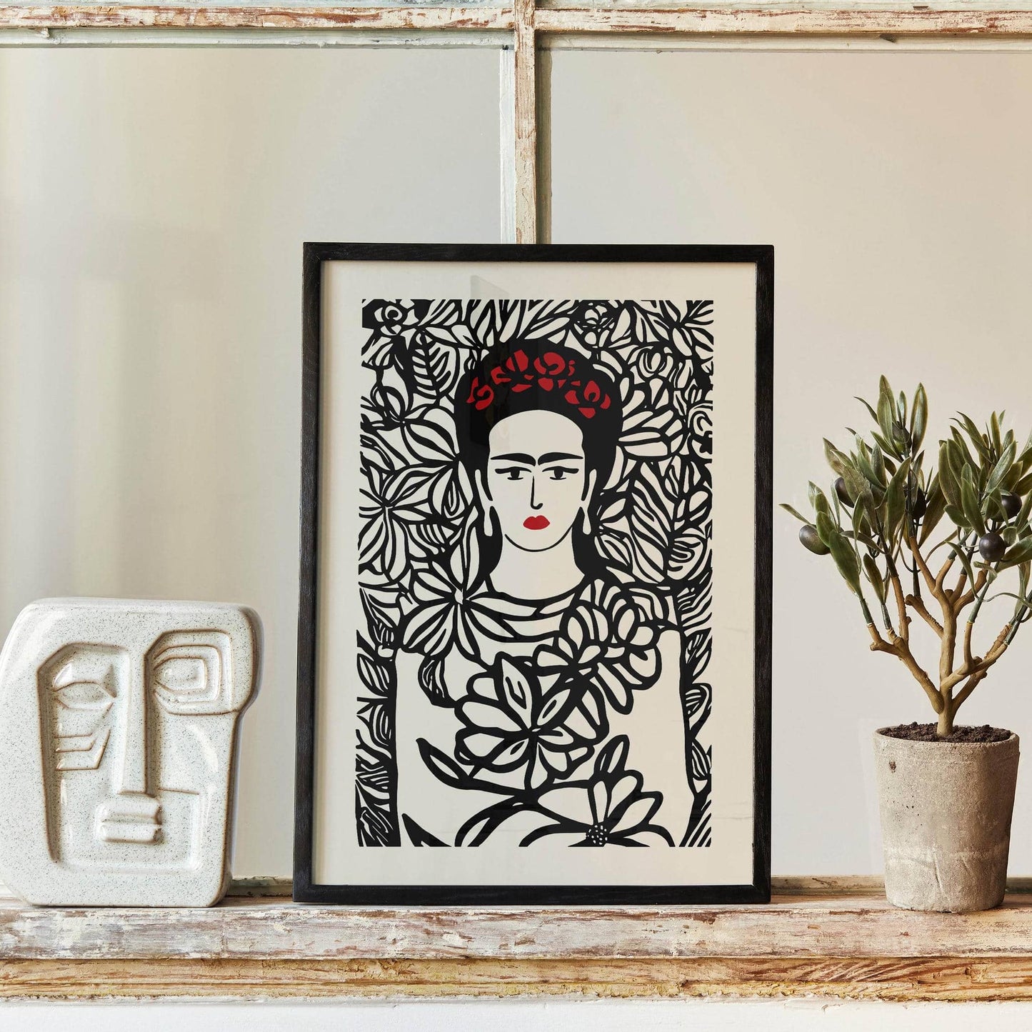Frida Khalo Floral B&W Poster - HypeSheriff