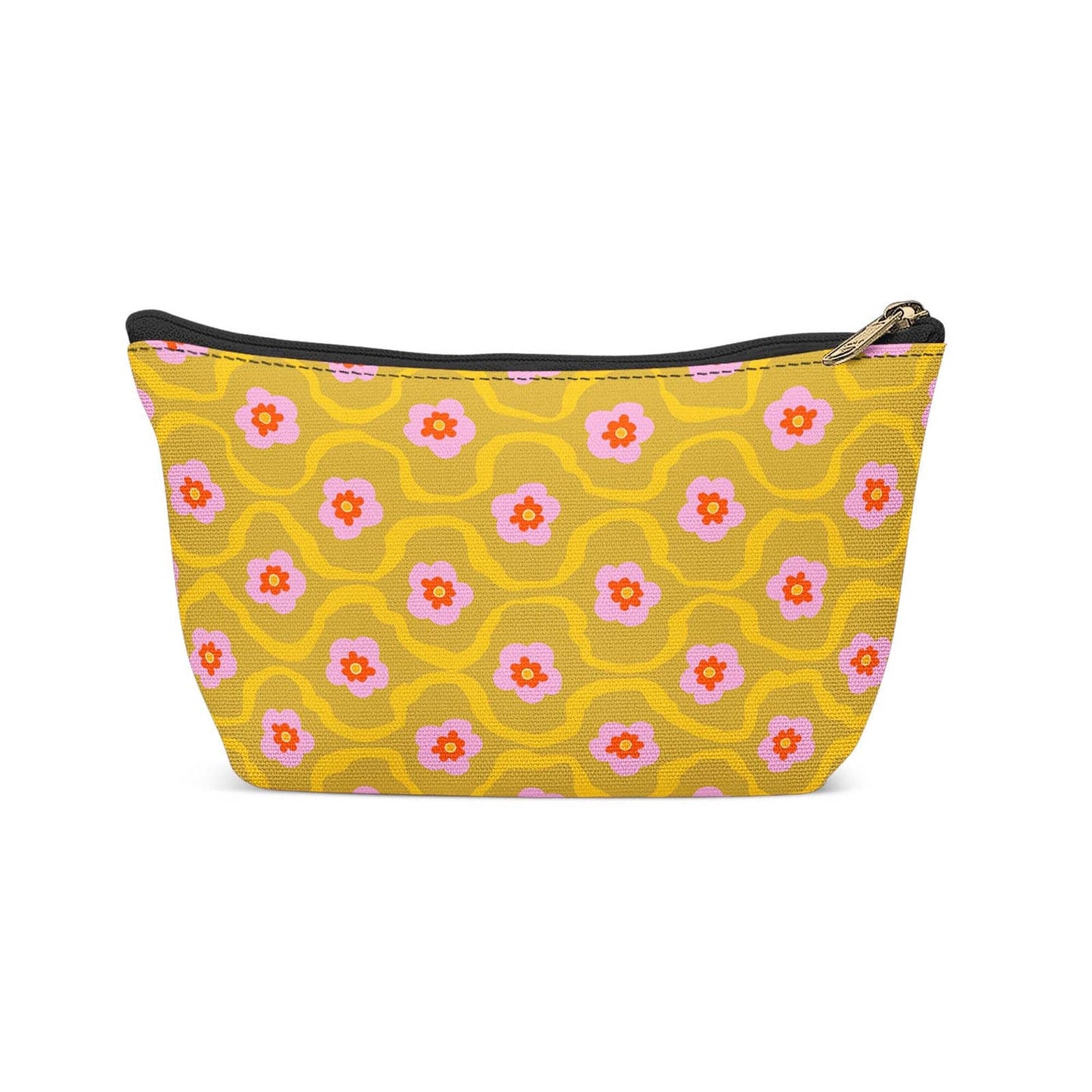 Mustard Art Deco Floral Makeup Bag - HypeSheriff