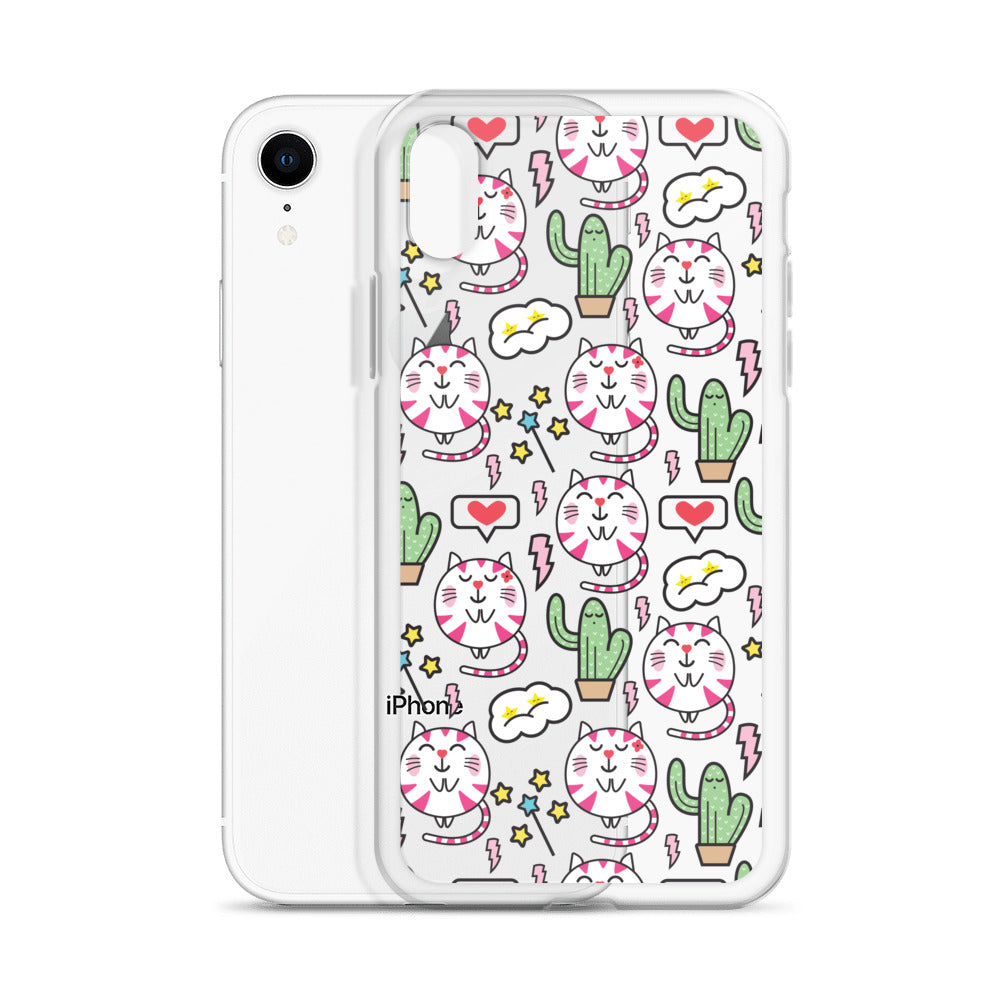 Pattern with Cat and Cactus iPhone Case - HypeSheriff