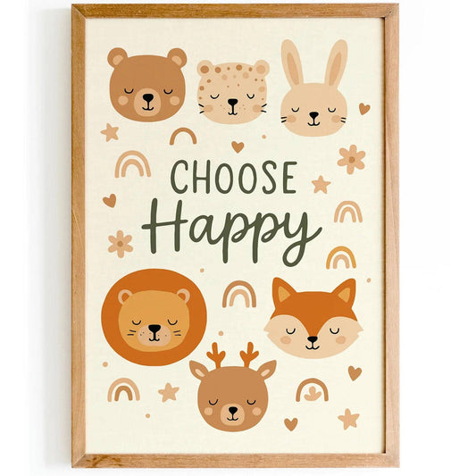 Choose Happy – Cute Animal Quote Print for Kids Room