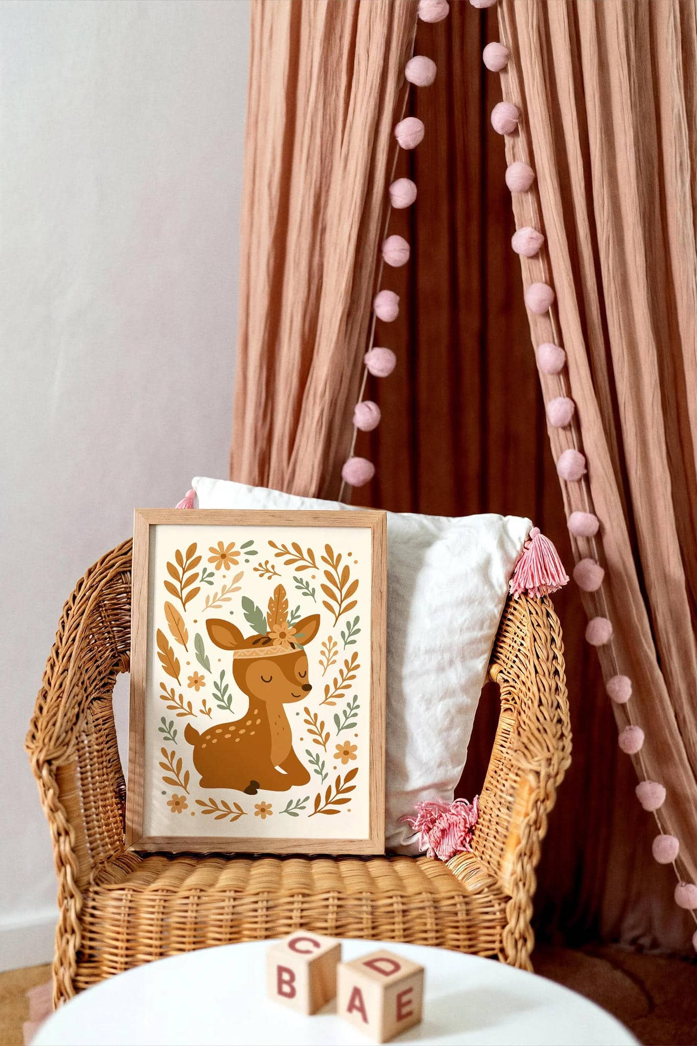 Boho Deer with Flowers – Cute Kids Room Decor Poster