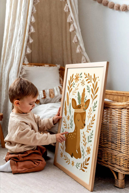 Boho Deer with Flowers – Cute Kids Room Decor Poster