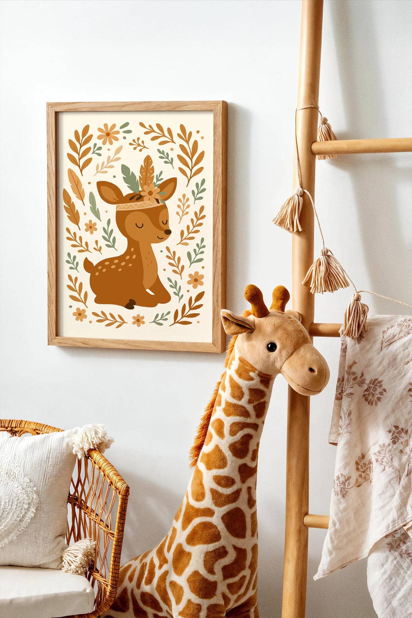 Boho Deer with Flowers – Cute Kids Room Decor Poster
