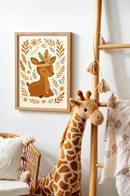 Boho Deer with Flowers – Cute Kids Room Decor Poster