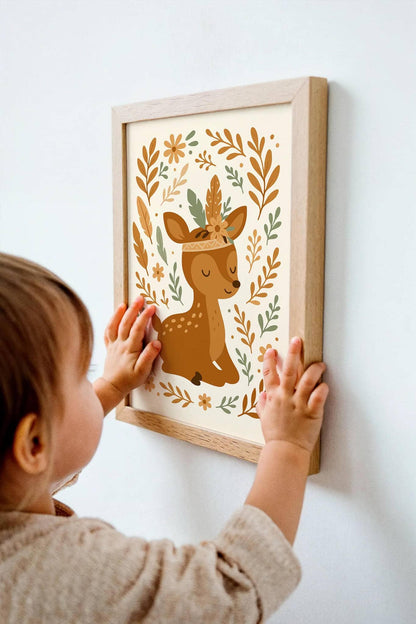 Boho Deer with Flowers – Cute Kids Room Decor Poster