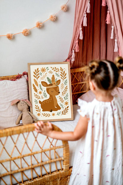 Boho Deer with Flowers – Cute Kids Room Decor Poster