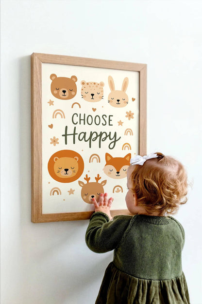 Choose Happy – Cute Animal Quote Print for Kids Room