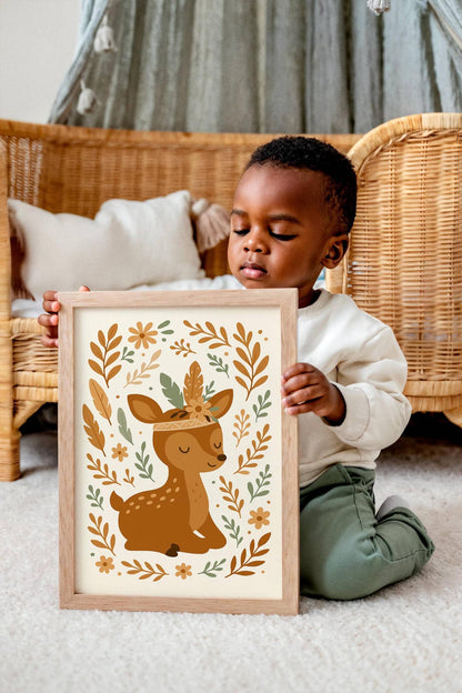 Boho Deer with Flowers – Cute Kids Room Decor Poster
