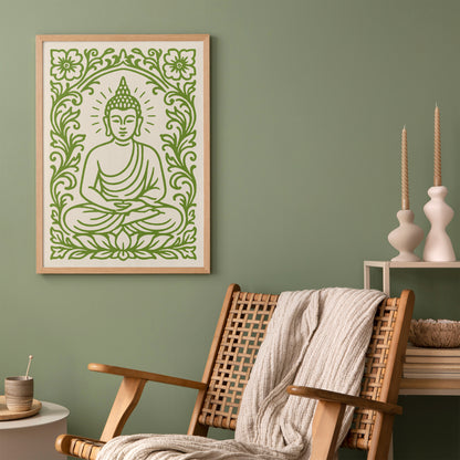 Green Sitting Buddha Poster – Floral Buddhist Art Print
