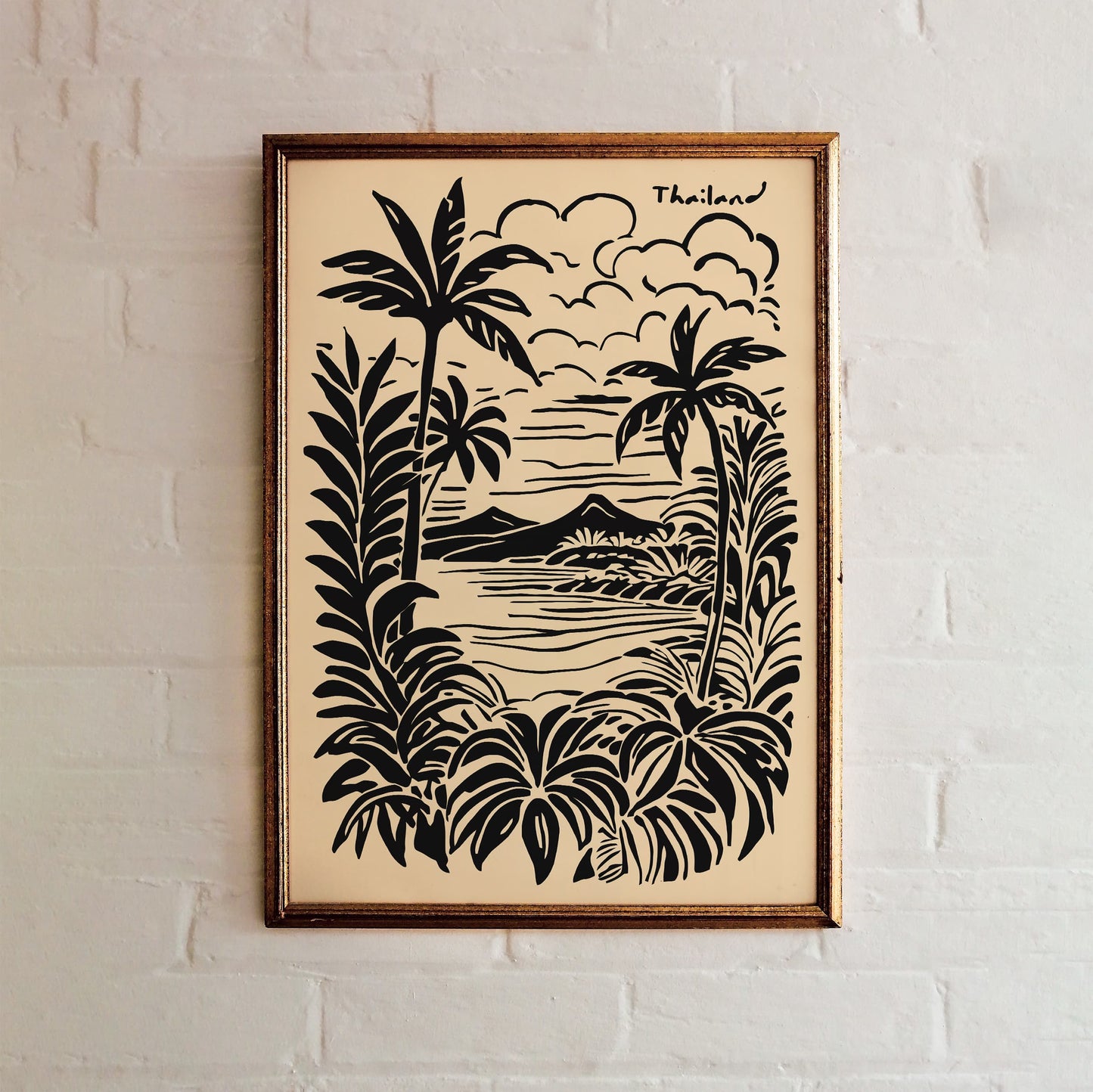 Thailand Vintage Black Ink Style Tropical Landscape Poster