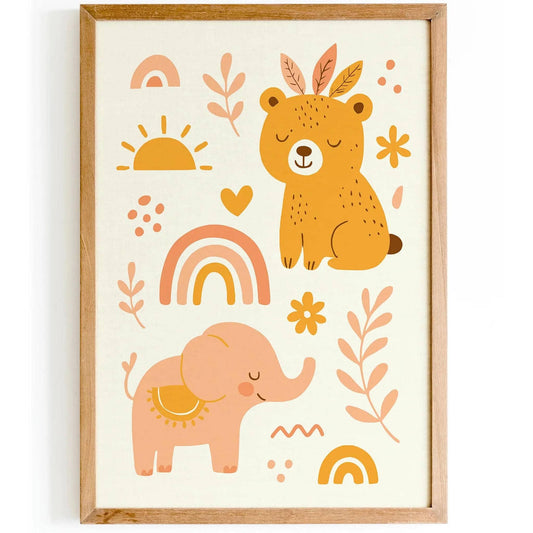 Boho Elephant & Bear Poster – Kids Nature Wall Art