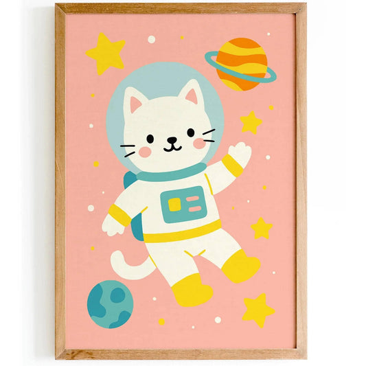 Cute Cat Astronaut Art Print – Kids Space Decor