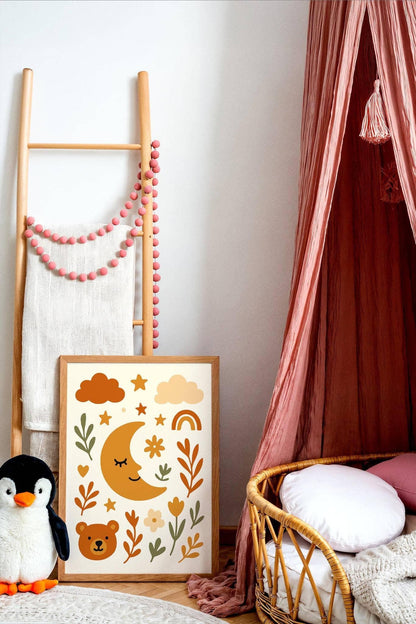 Boho Bear & Moon Poster – Floral Wall Art