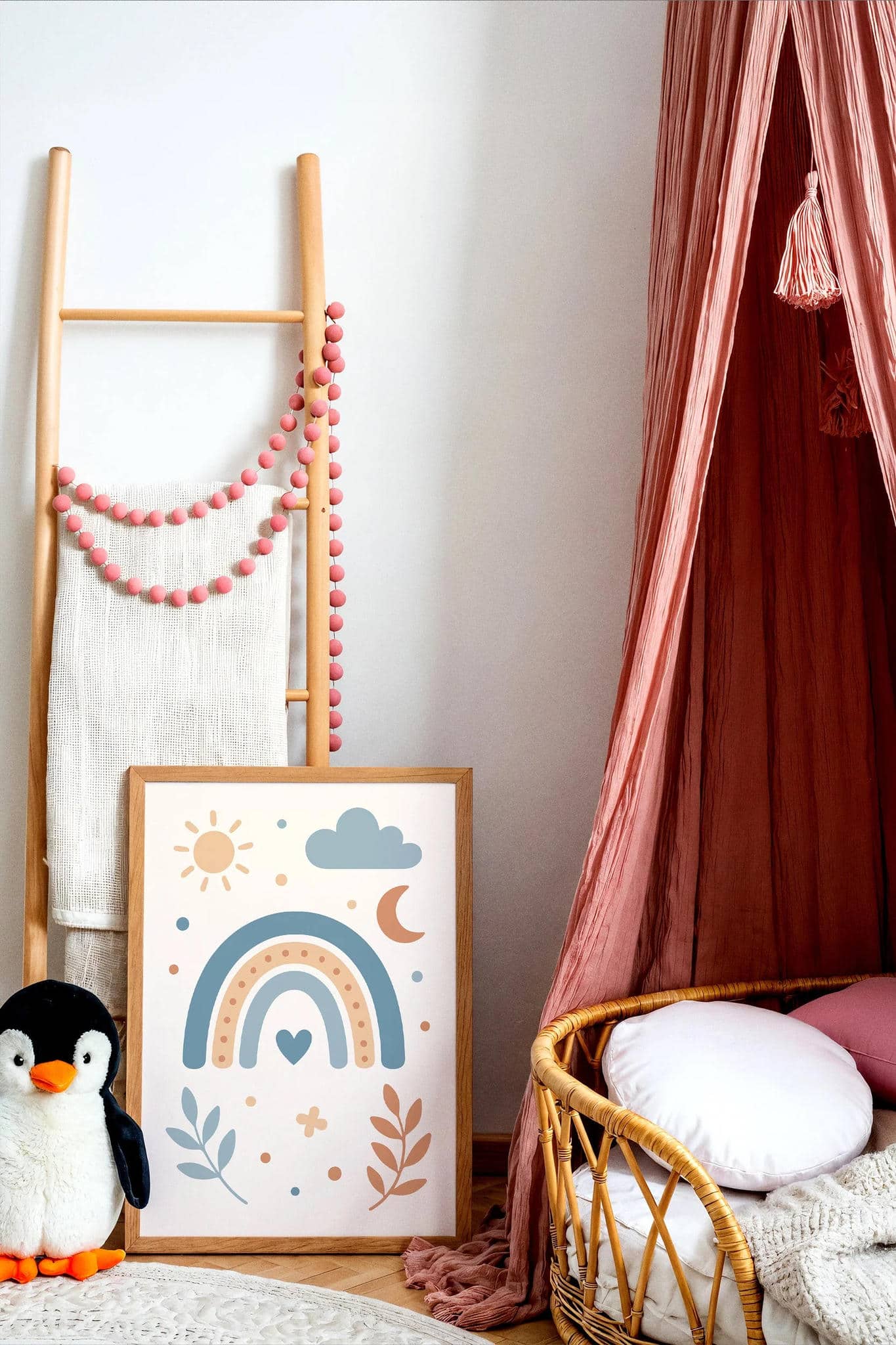 Blue Beige Rainbow Print – Sun Moon Cloud & Heart Art